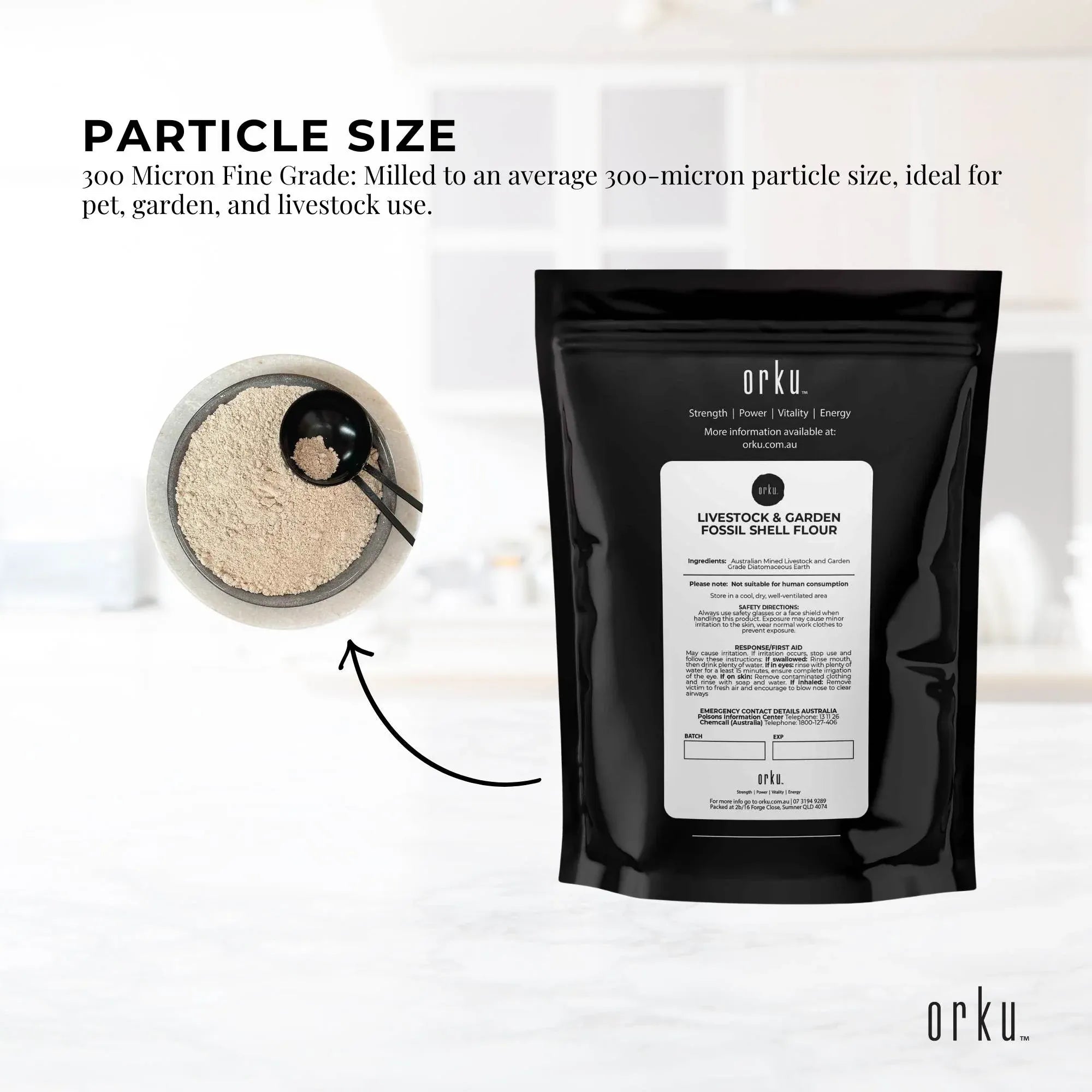 Orku livestock and garden fossil shell flour pouch with pale powder scoop detail