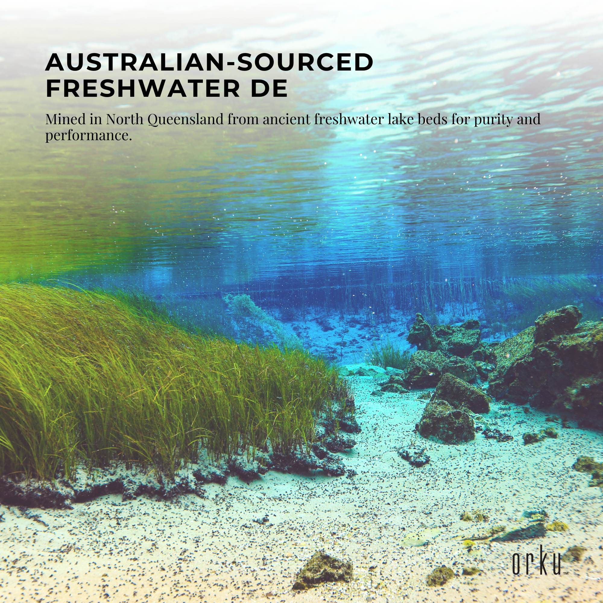 Freshwater diatomaceous earth sourcing graphic with Orku logo and blue water scene