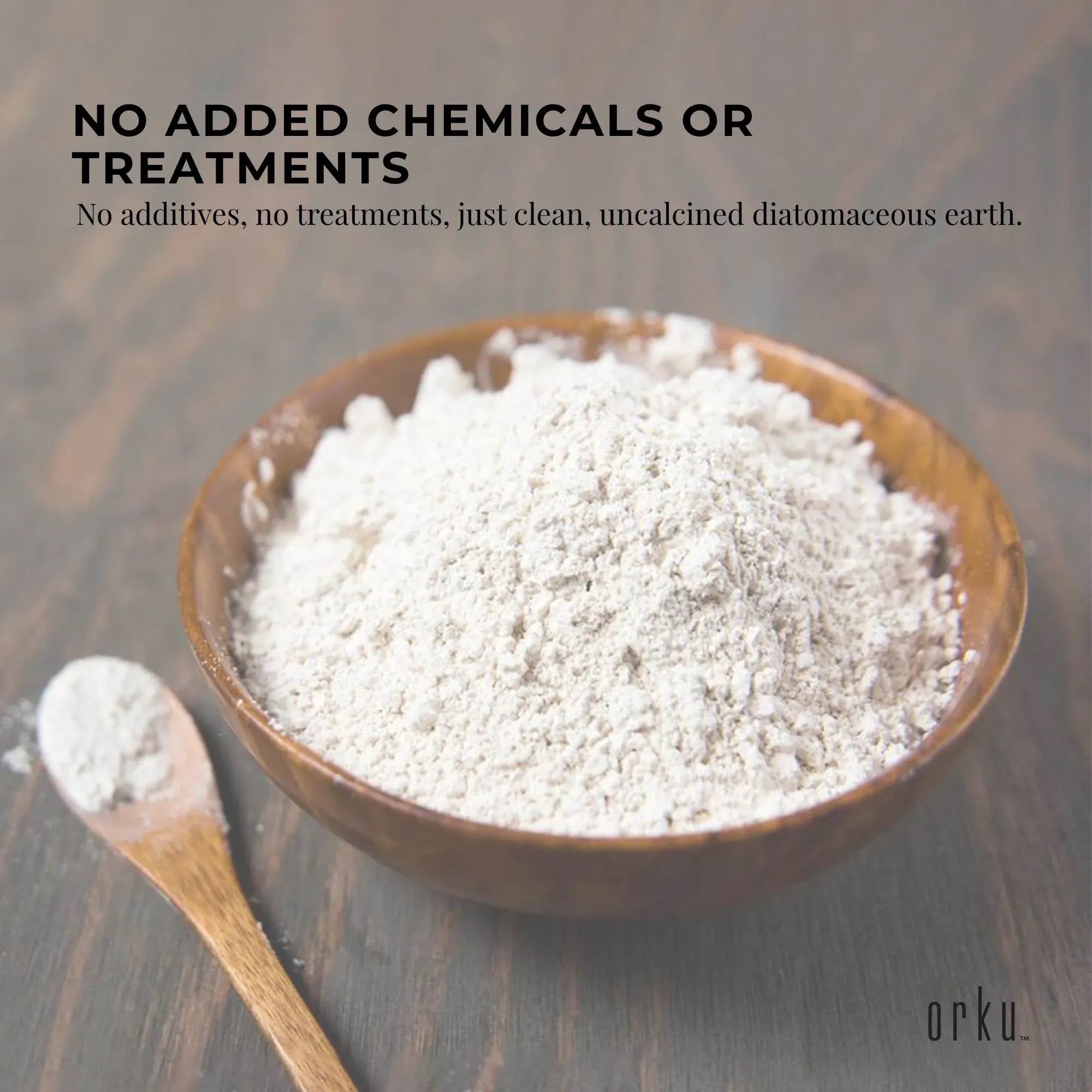 Orku diatomaceous earth bowl filled with fine white powder; no added chemicals text