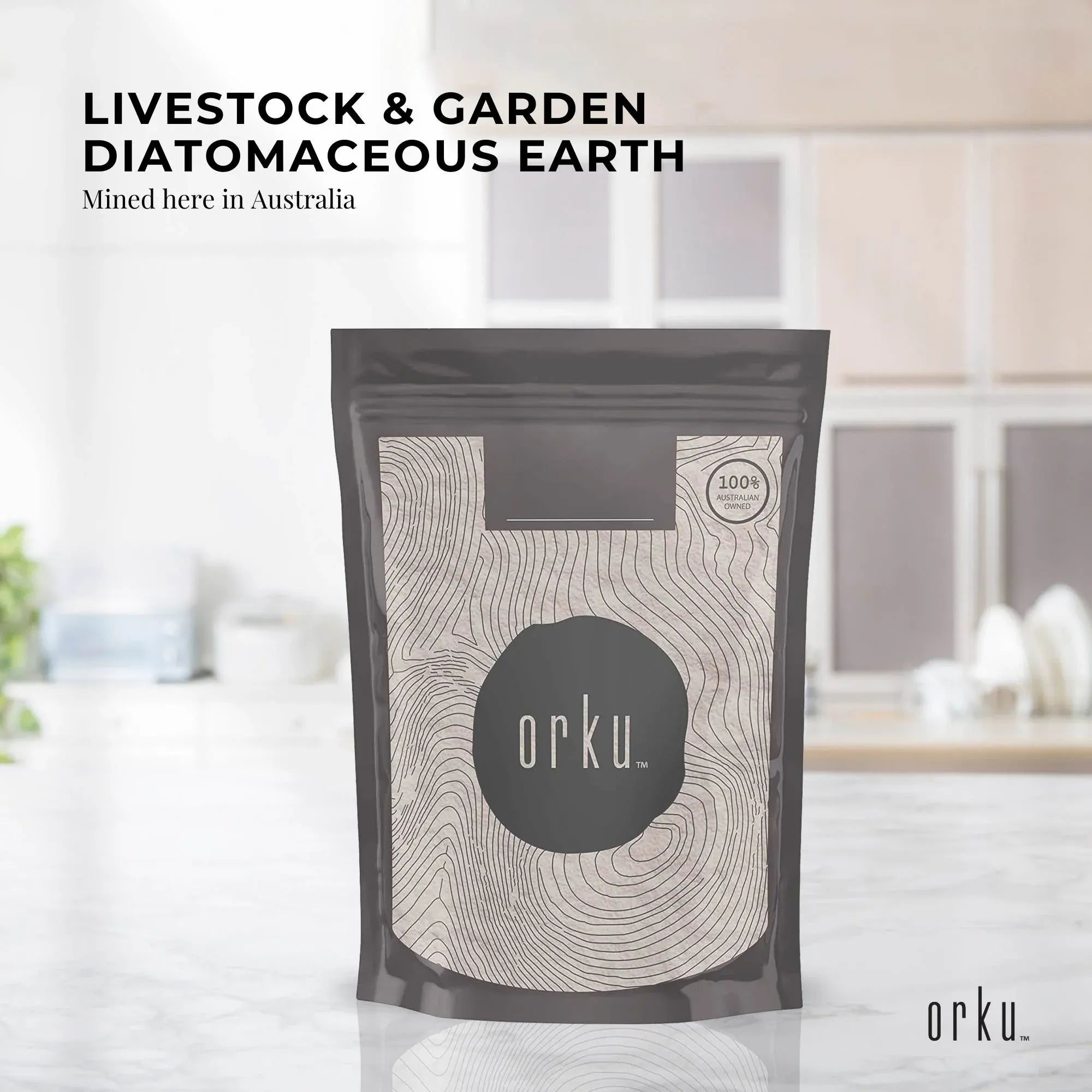 Orku livestock and garden diatomaceous earth pouch, black pouch with white label