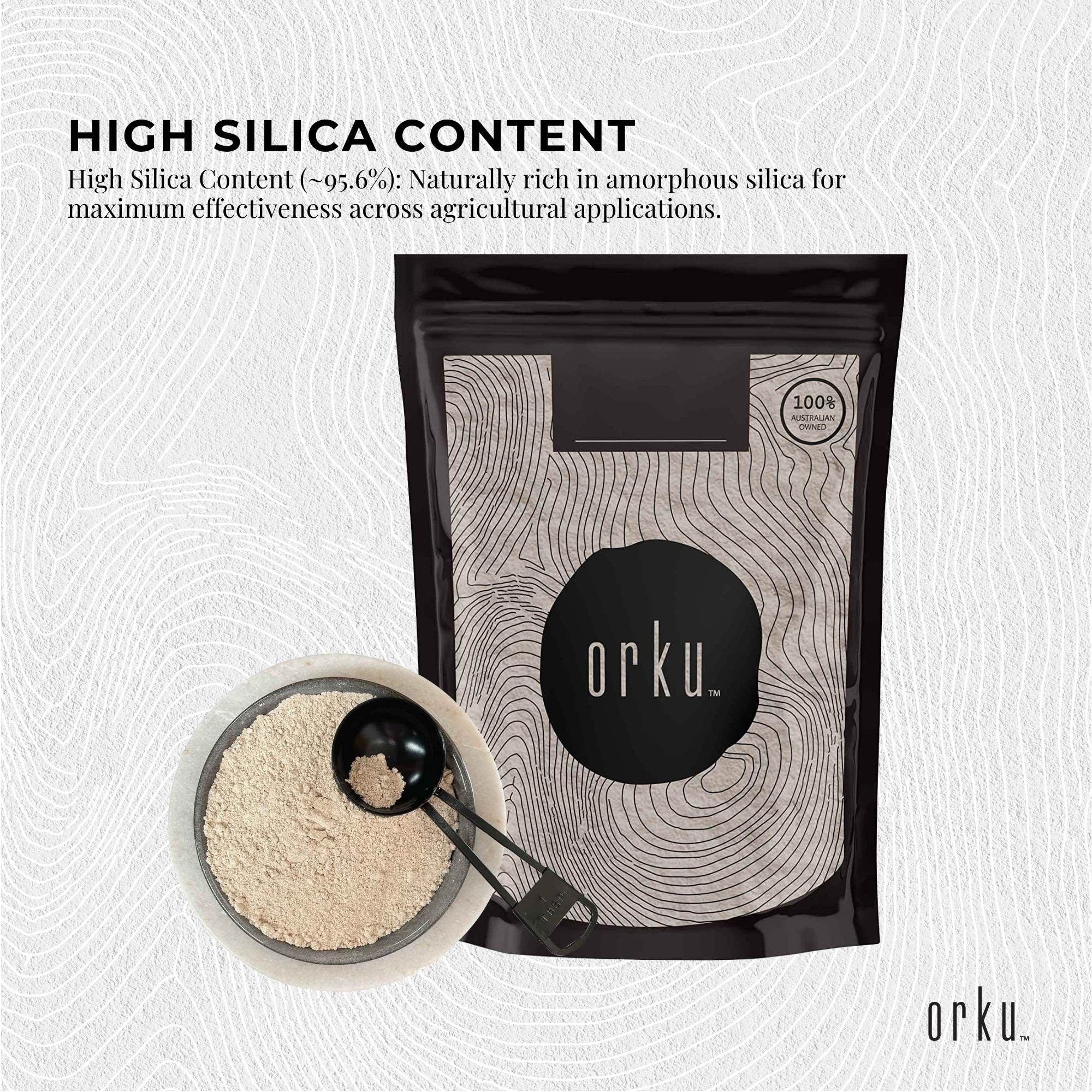 Orku diatomaceous earth pouch with bowl of light powder and scoop