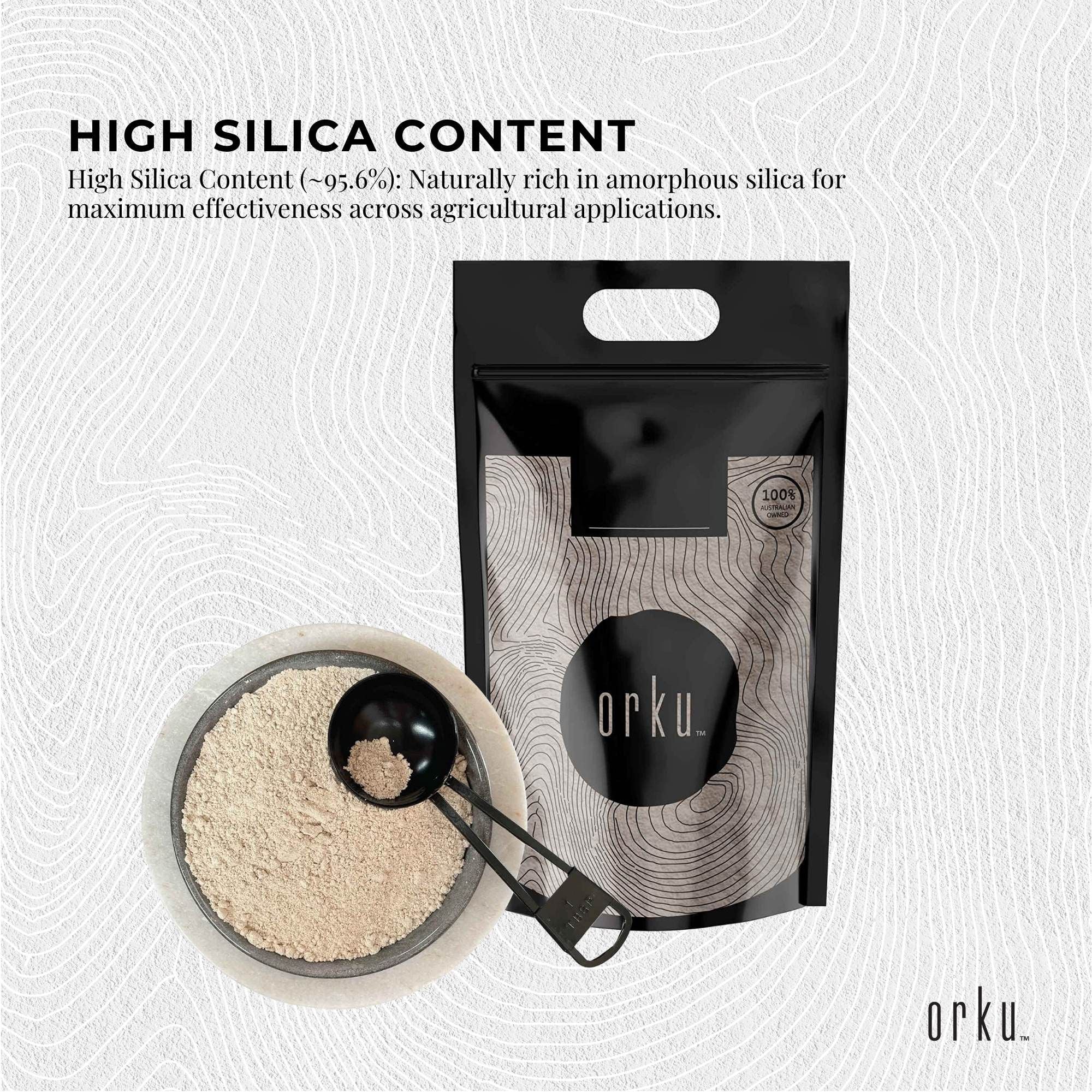 Orku diatomaceous earth pouch with bowl of pale powder and measuring scoop
