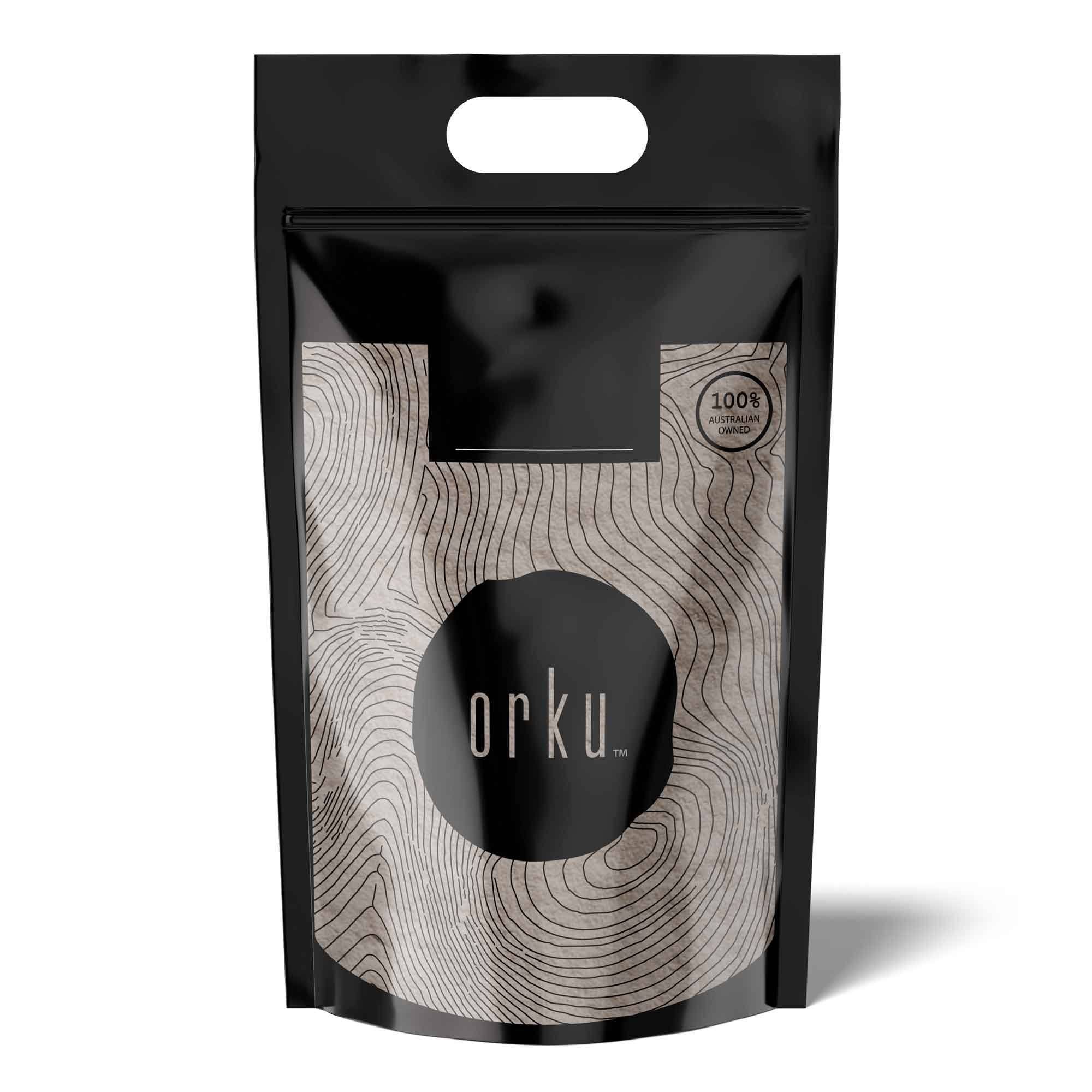 Orku diatomaceous earth bulk pouch in black with oval hang hole and foil-style finish