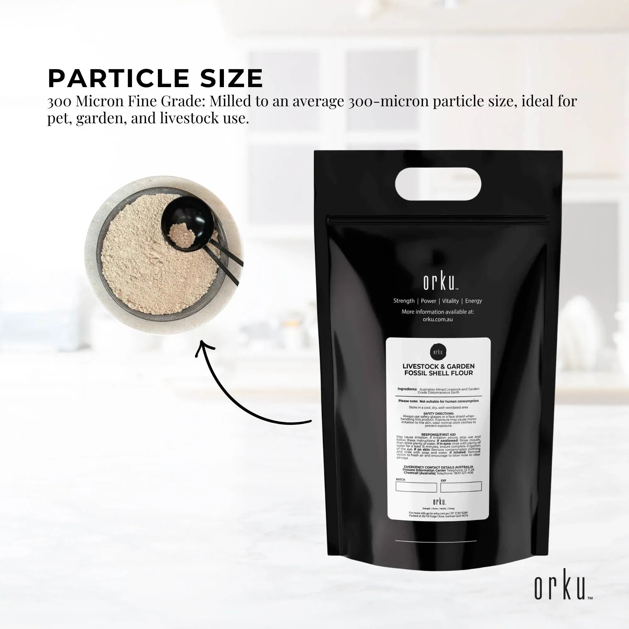 Orku diatomaceous earth pouch with product label, plus small bowl of light powder sample