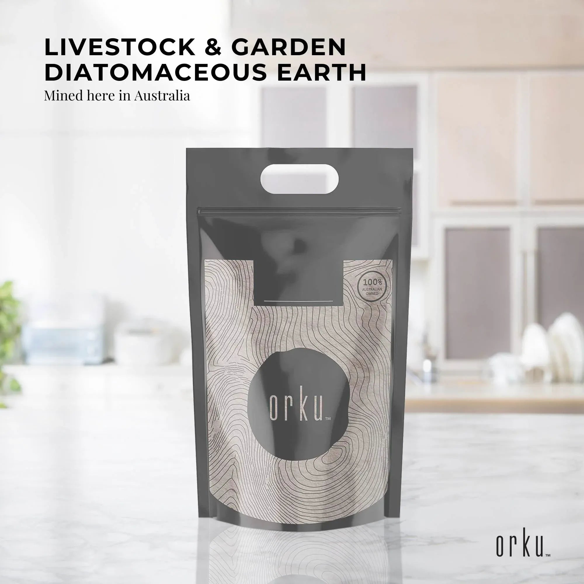 Orku diatomaceous earth pouch with front label, black and silver