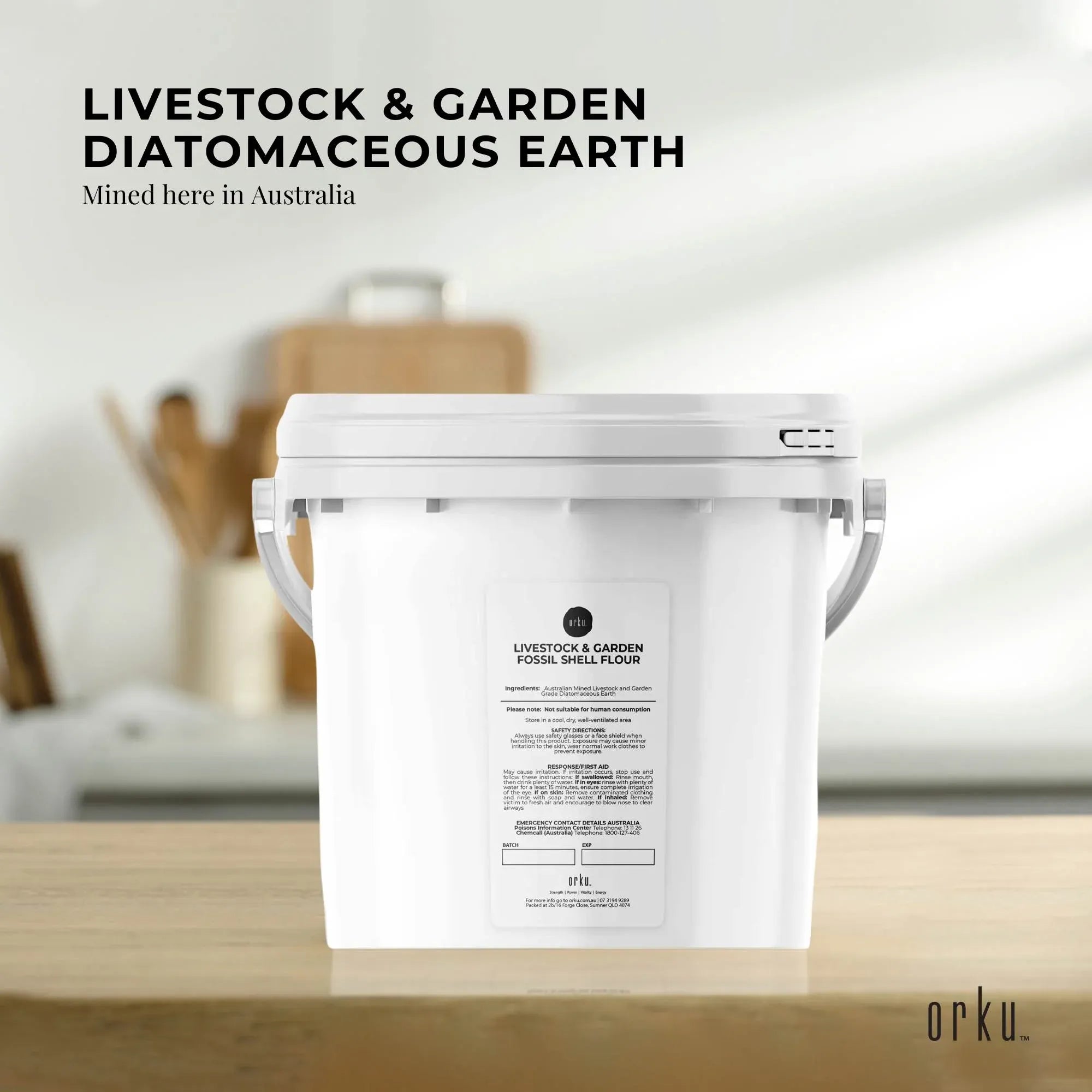 Orku diatomaceous earth bucket front label and side handle