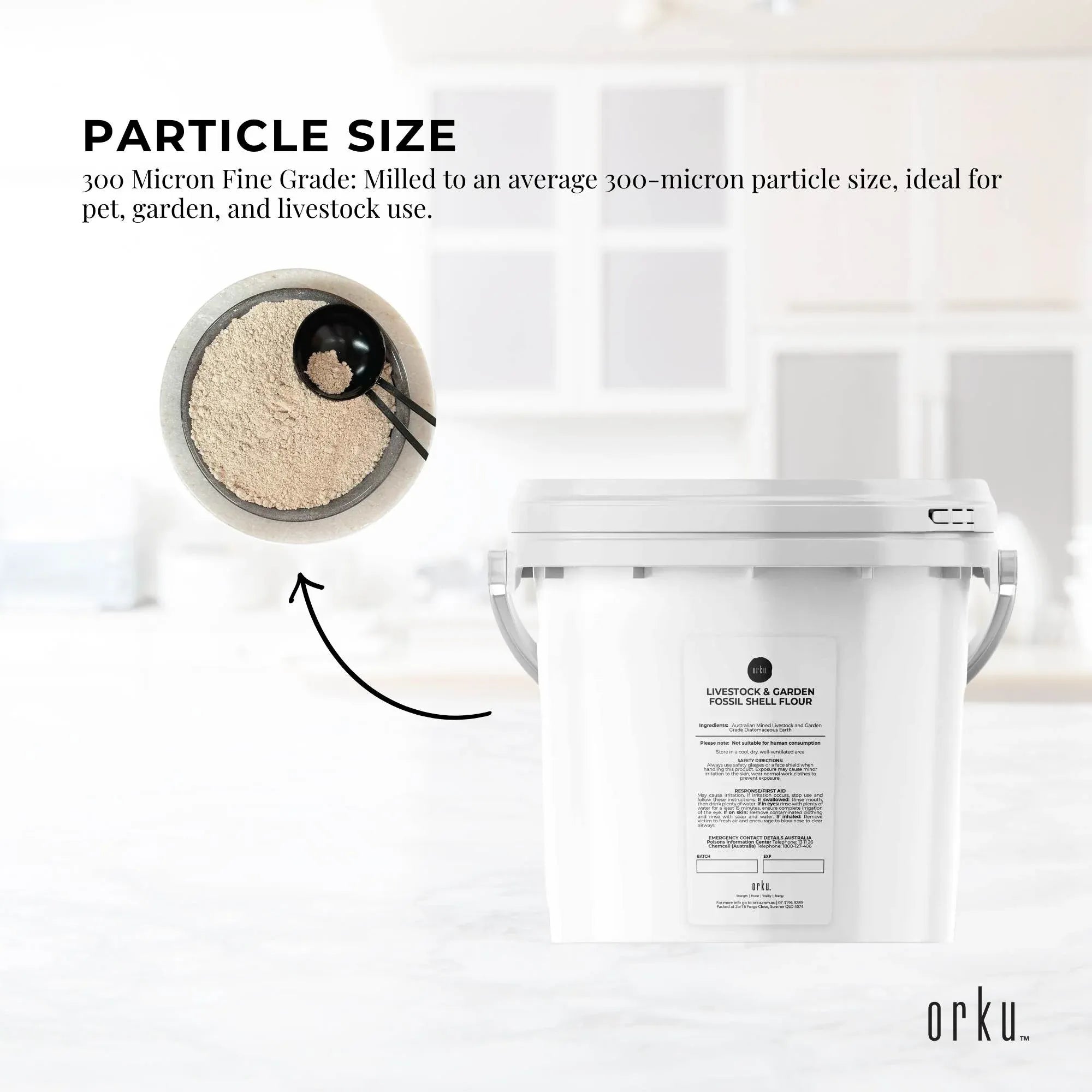 Orku diatomaceous earth bucket with particle-size inset