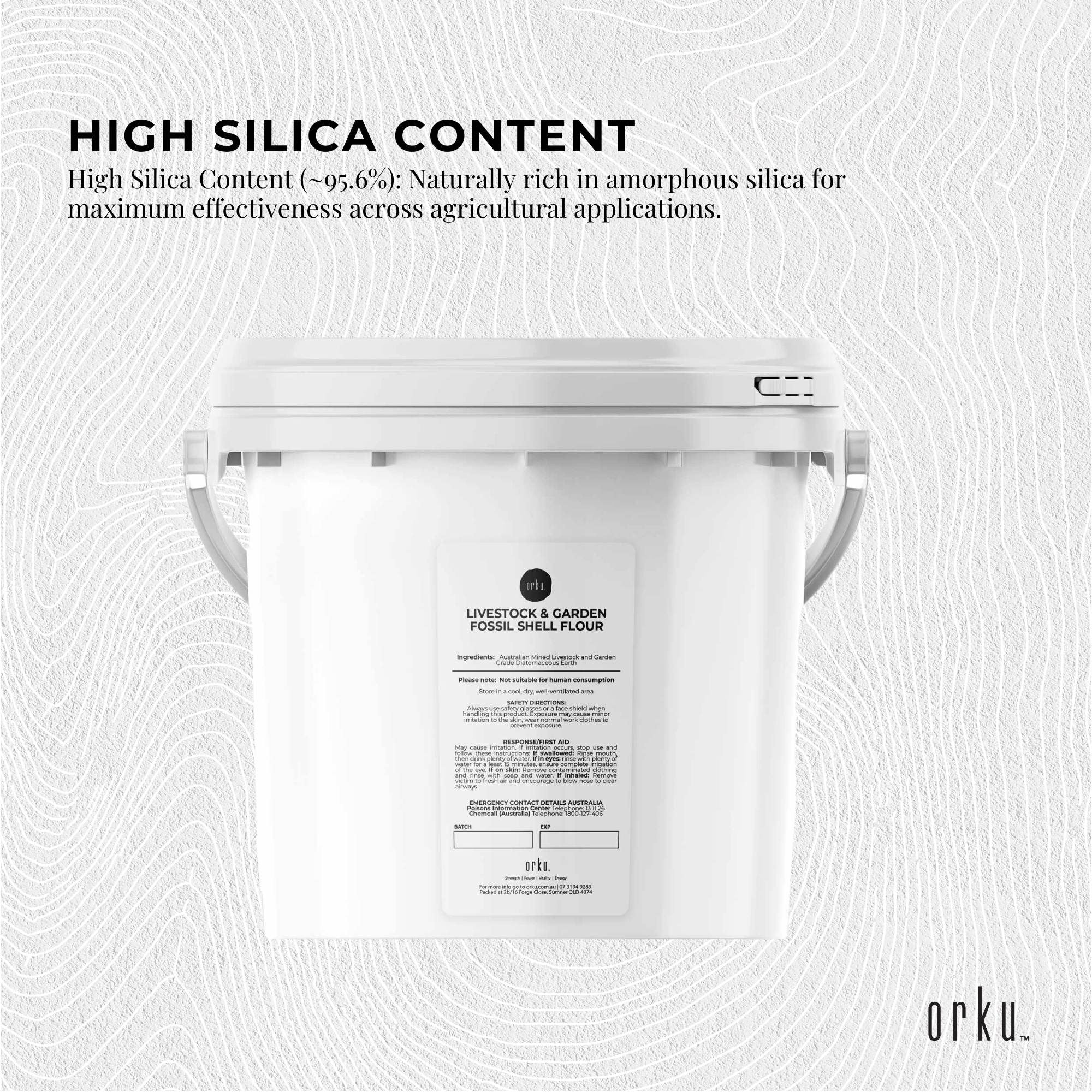 Orku diatomaceous earth bucket with high-silica label panel