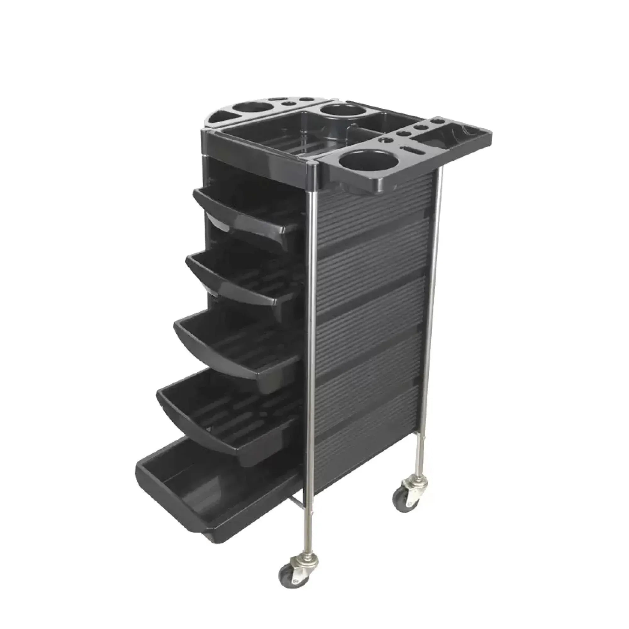 Black 5-drawer hairdressing trolley with caster wheels and top tool holders
