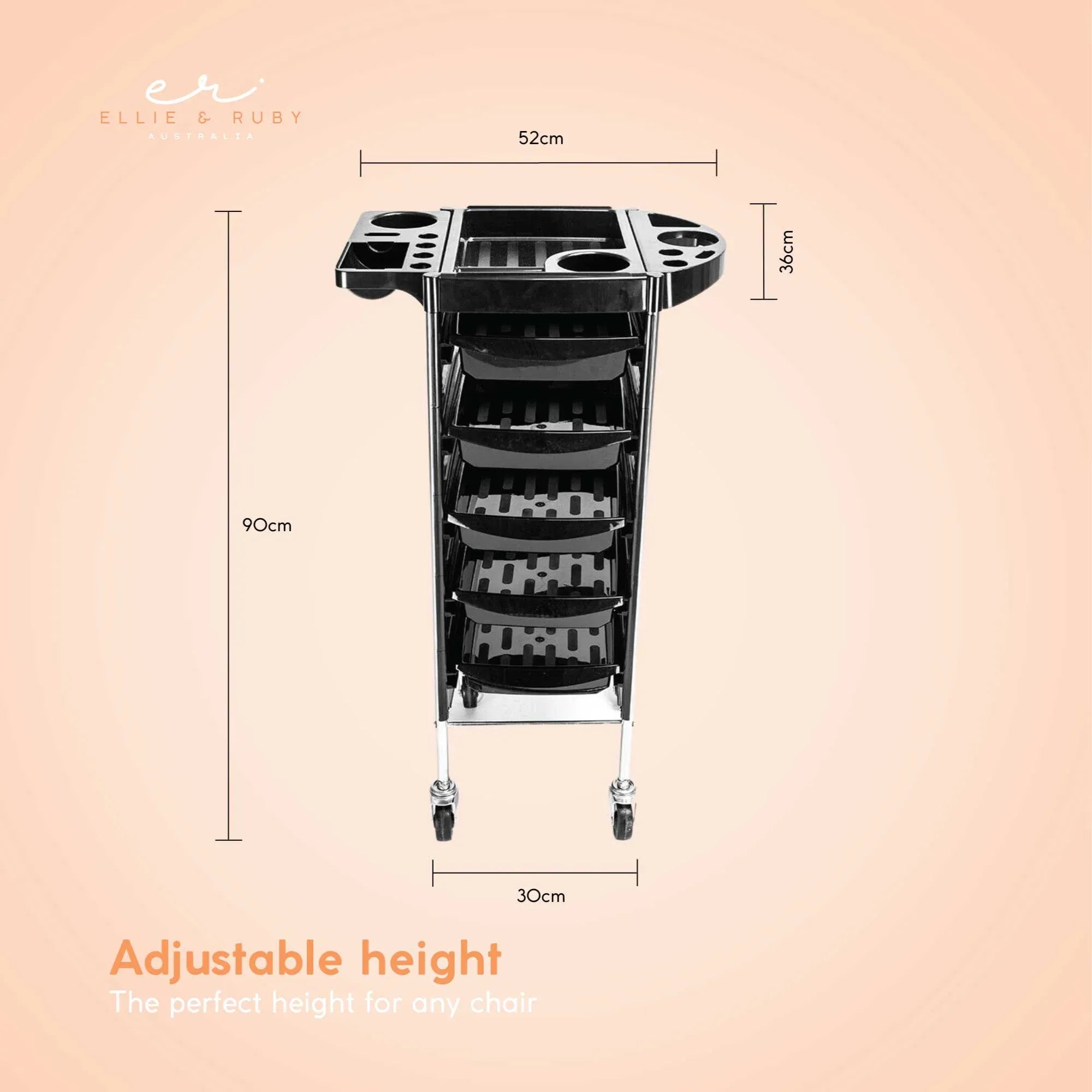 Black hairdressing trolley on casters with top tray and stacked drawer compartments