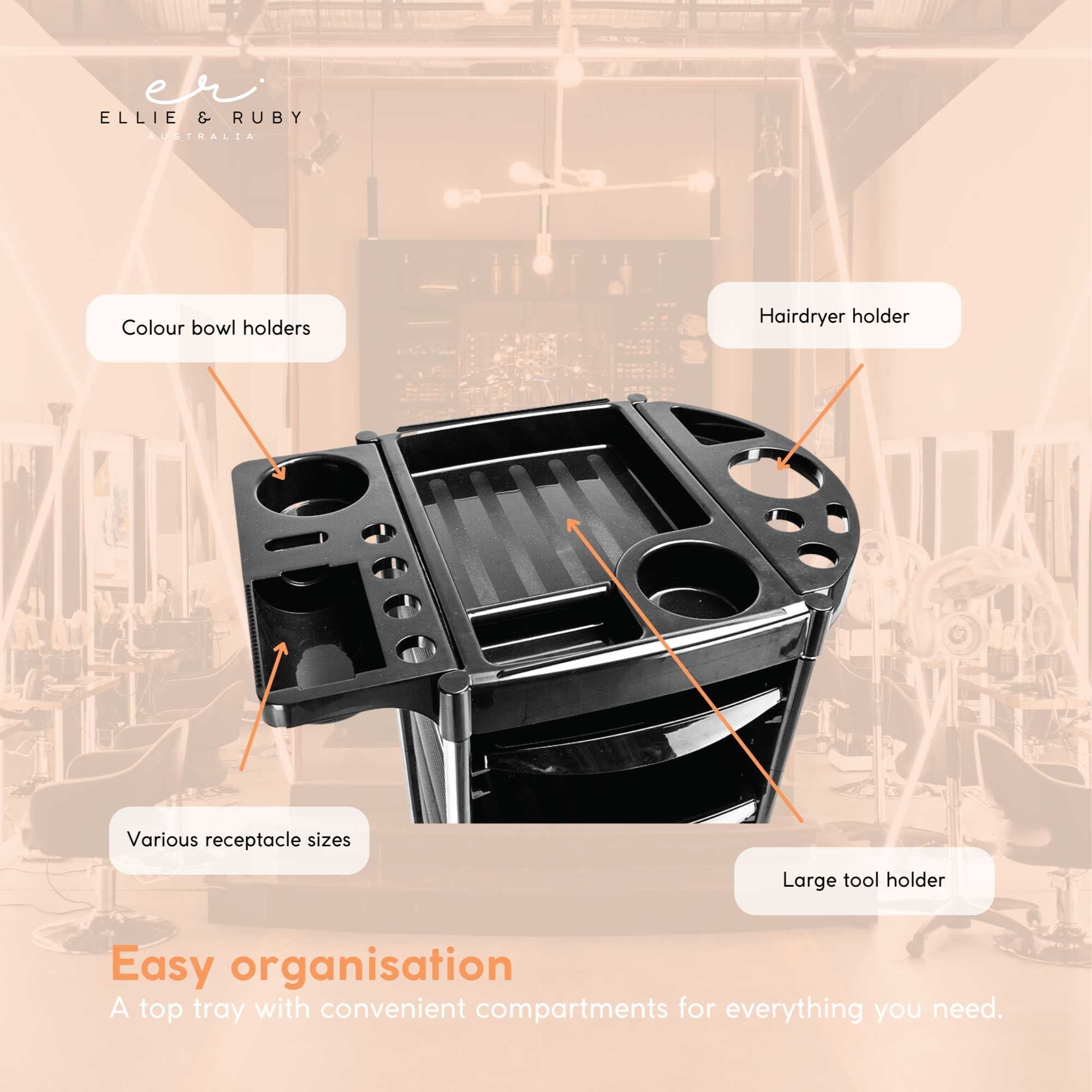 Black hairdressing trolley with multi-slot top tray and organized drawer sections