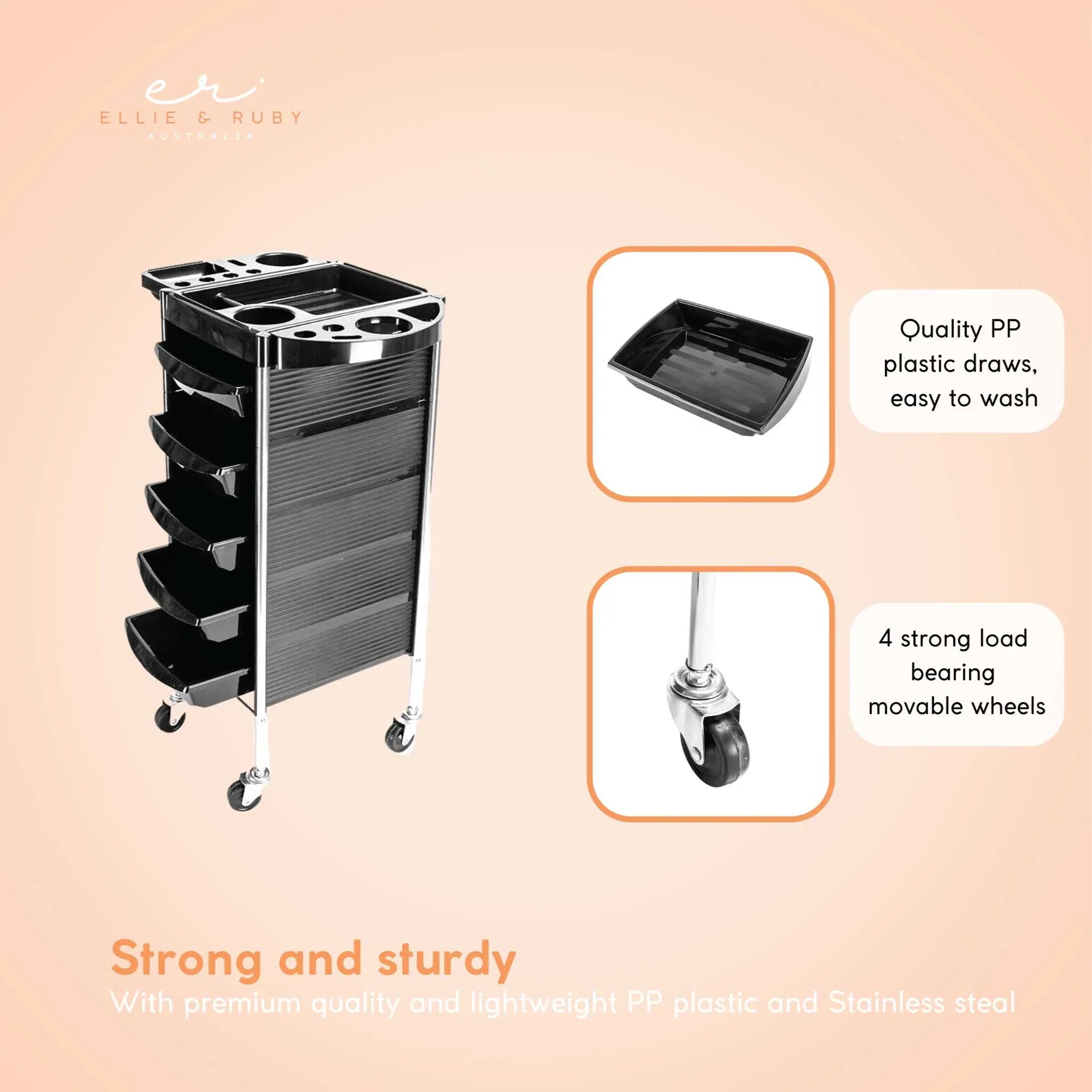 Black 5-drawer hairdressing trolley shown with top tool holes and caster wheels