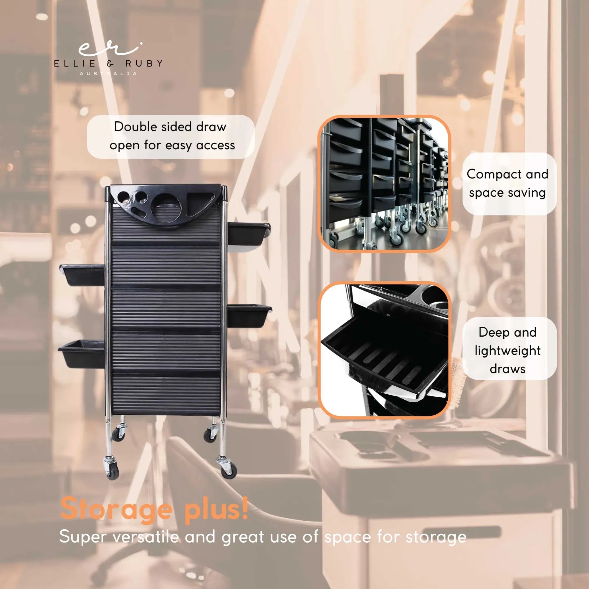 Black hairdressing trolley with open-access drawers and compact stacked storage