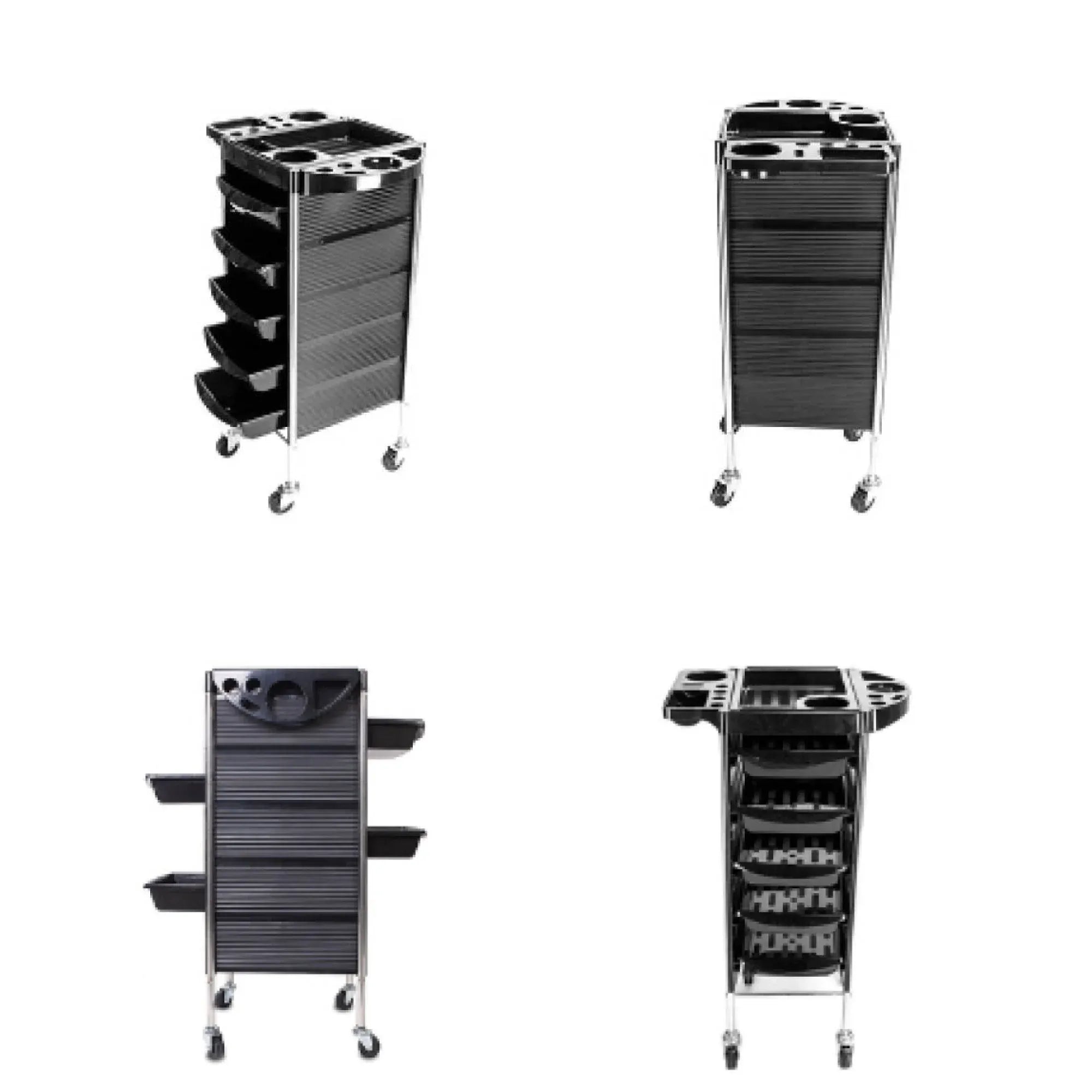 Black hairdressing trolley multi-view showing top tray, side drawers, and caster wheels