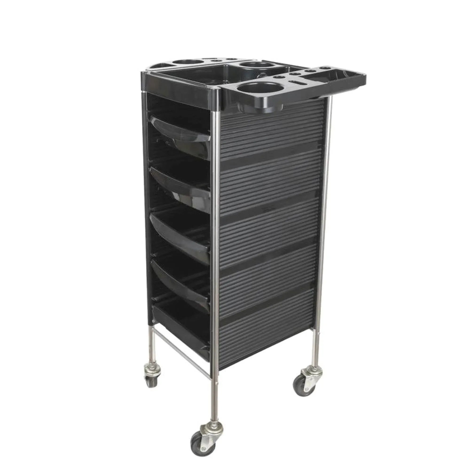 Black hairdressing trolley with open top basin area, stacked drawers, and caster legs