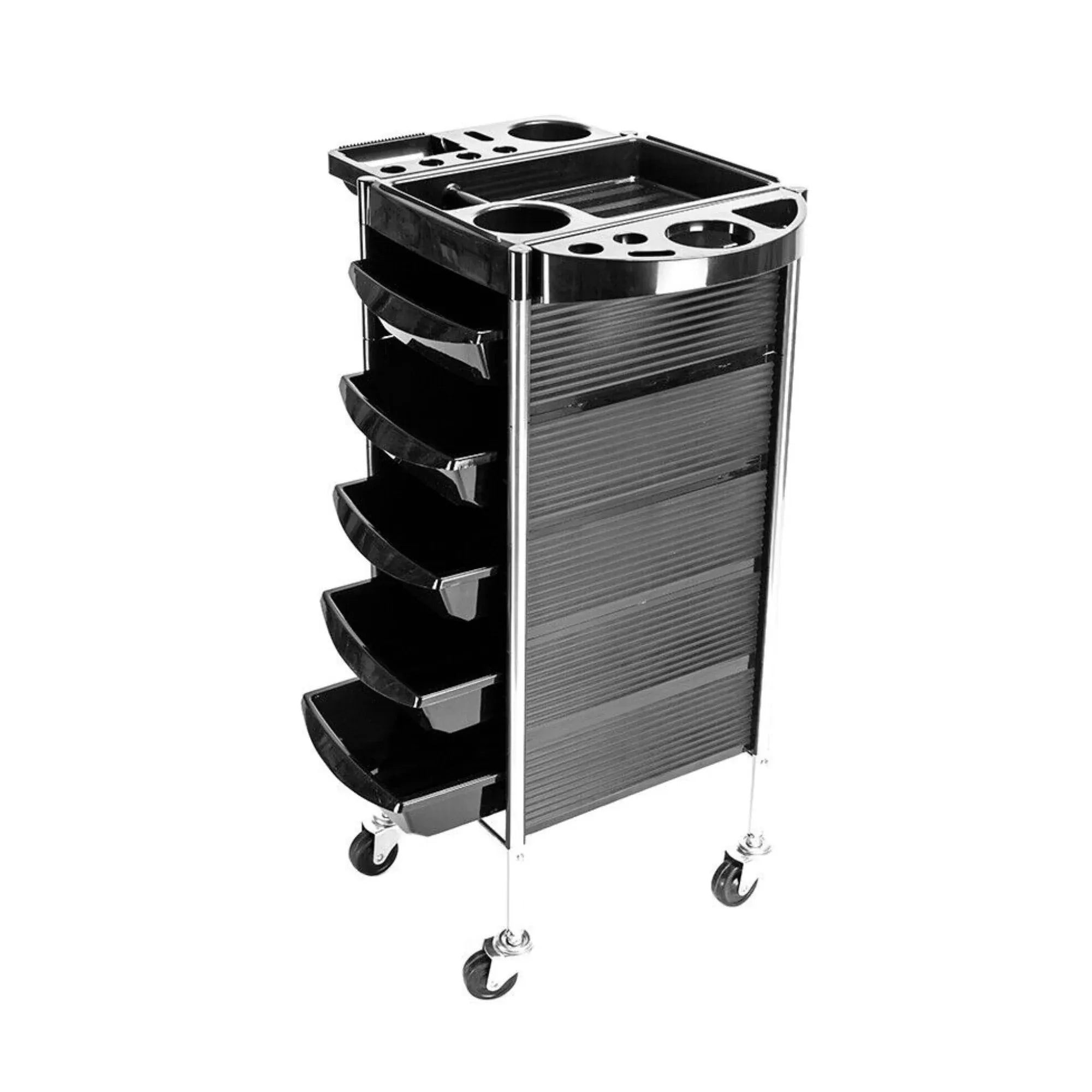 Black 5-drawer hairdressing trolley with top basin section and multiple side compartments