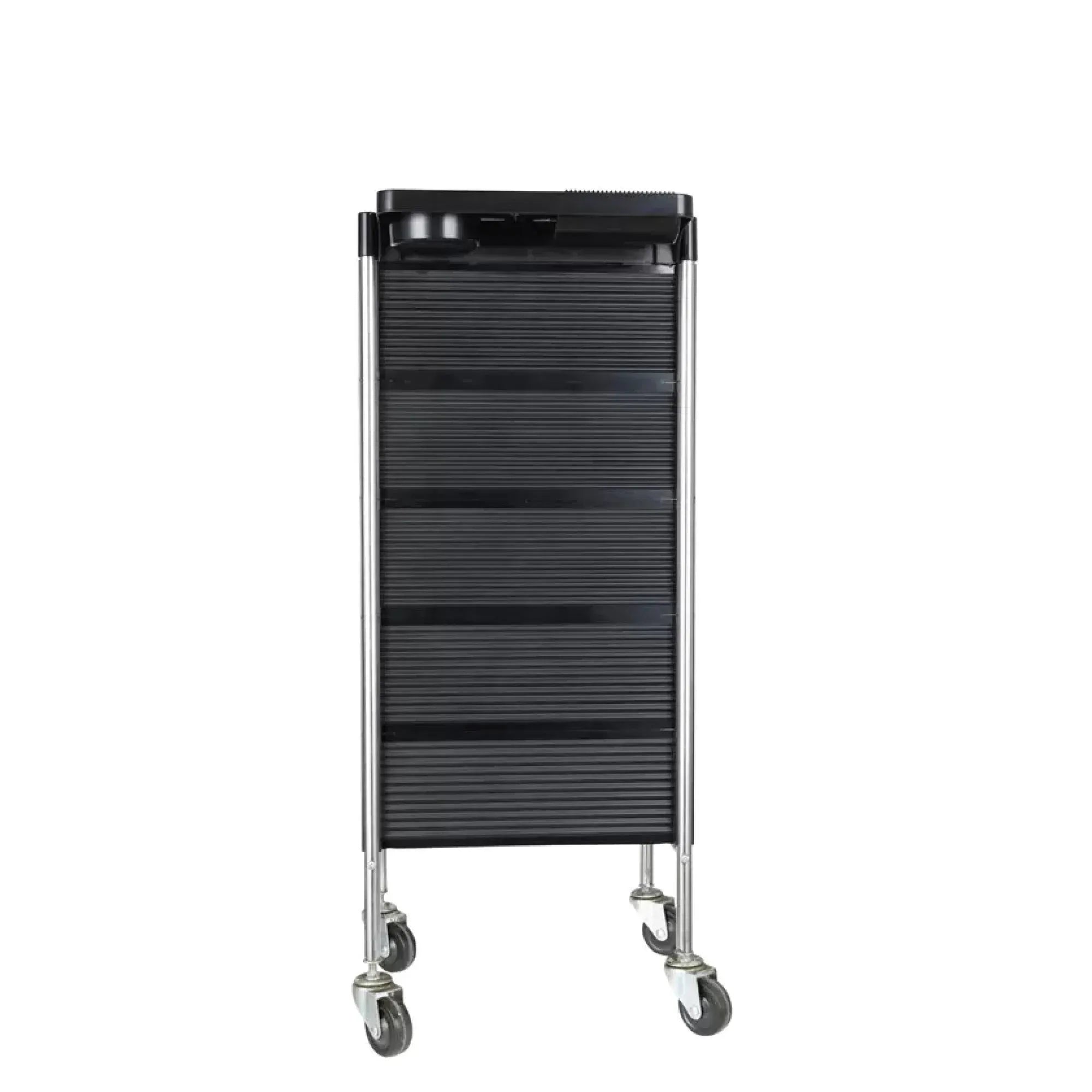 Black rolling hairdressing cart with stacked ribbed drawer fronts and top rail