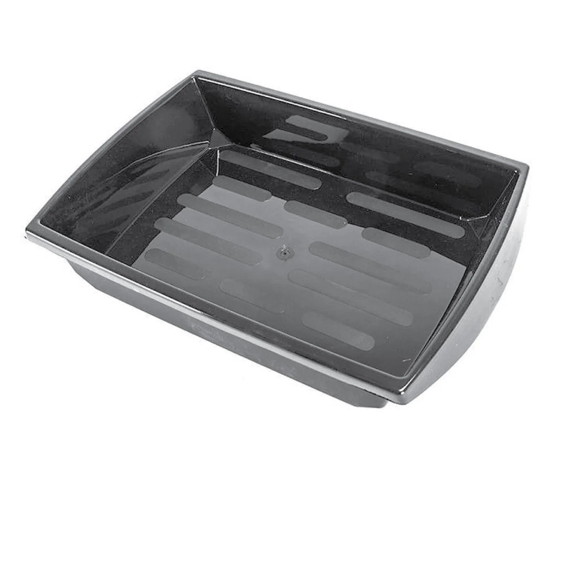 Rectangular black top tray with molded compartments and drainage for tools