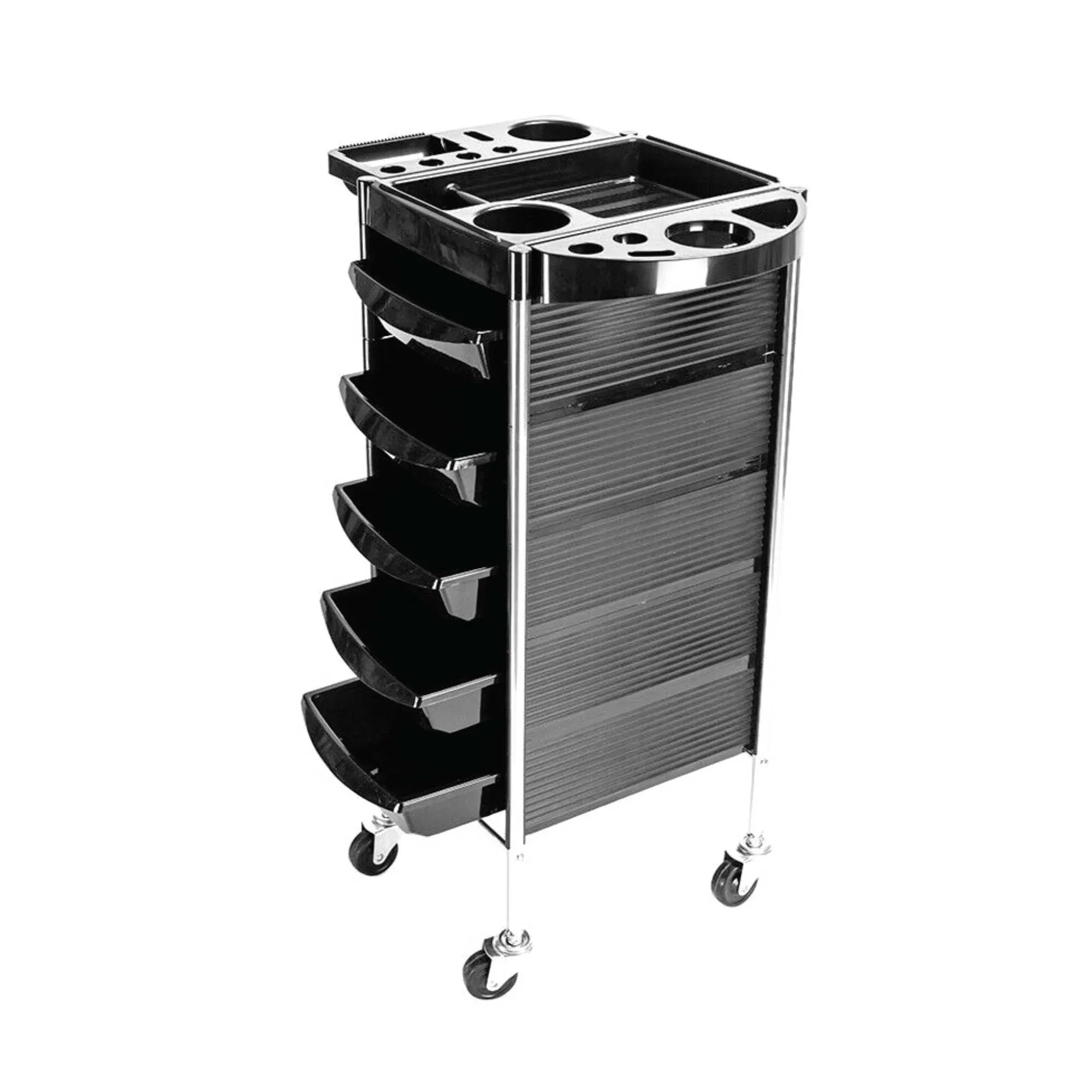 Black hairdressing trolley with open top cup holders and stacked drawer compartments