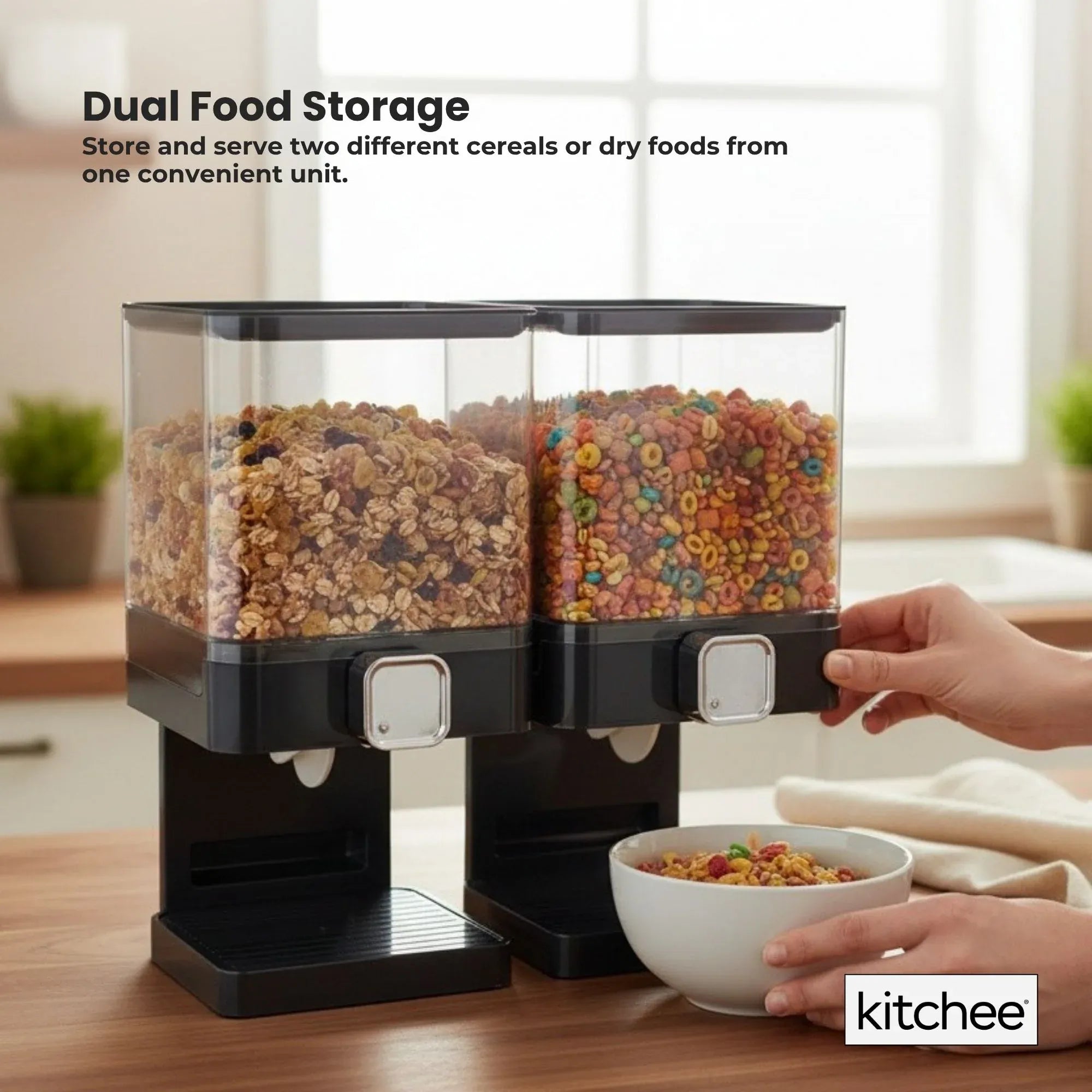 Kitchee 3.7L Double Cereal Dispenser Countertop Rice or Grain Storage Black Bedworld