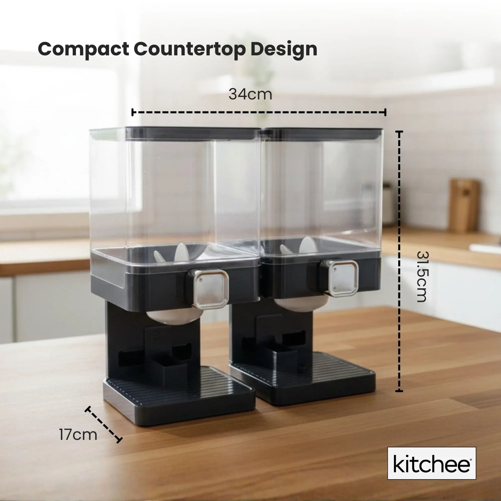 Kitchee 3.7L Double Cereal Dispenser Countertop Rice or Grain Storage Black Bedworld
