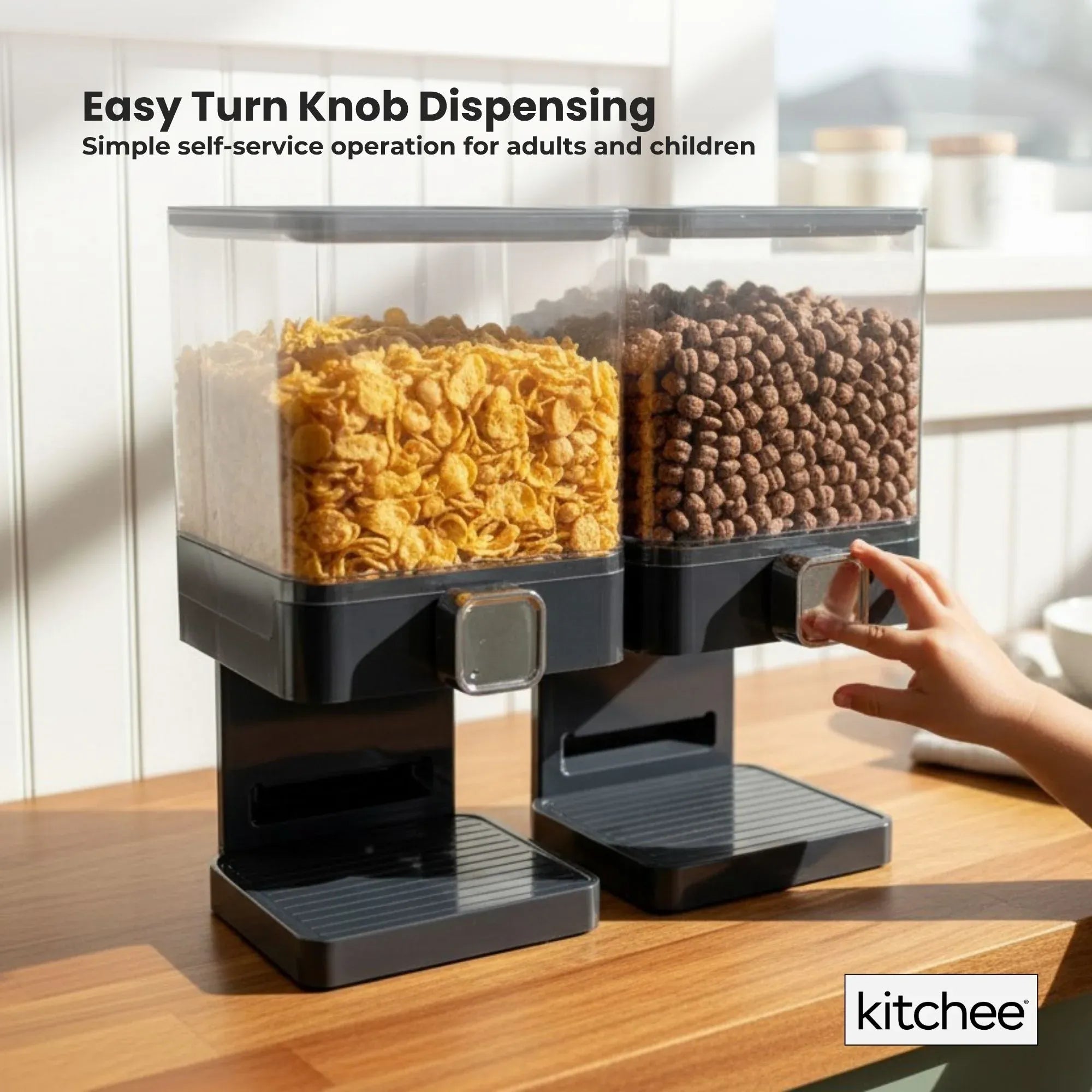 Kitchee 3.7L Double Cereal Dispenser Countertop Rice or Grain Storage Black Bedworld