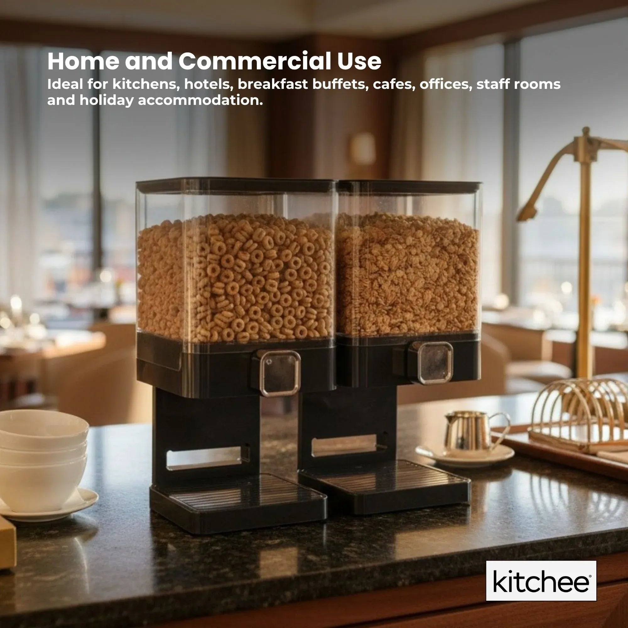 Kitchee 3.7L Double Cereal Dispenser Countertop Rice or Grain Storage Black Bedworld