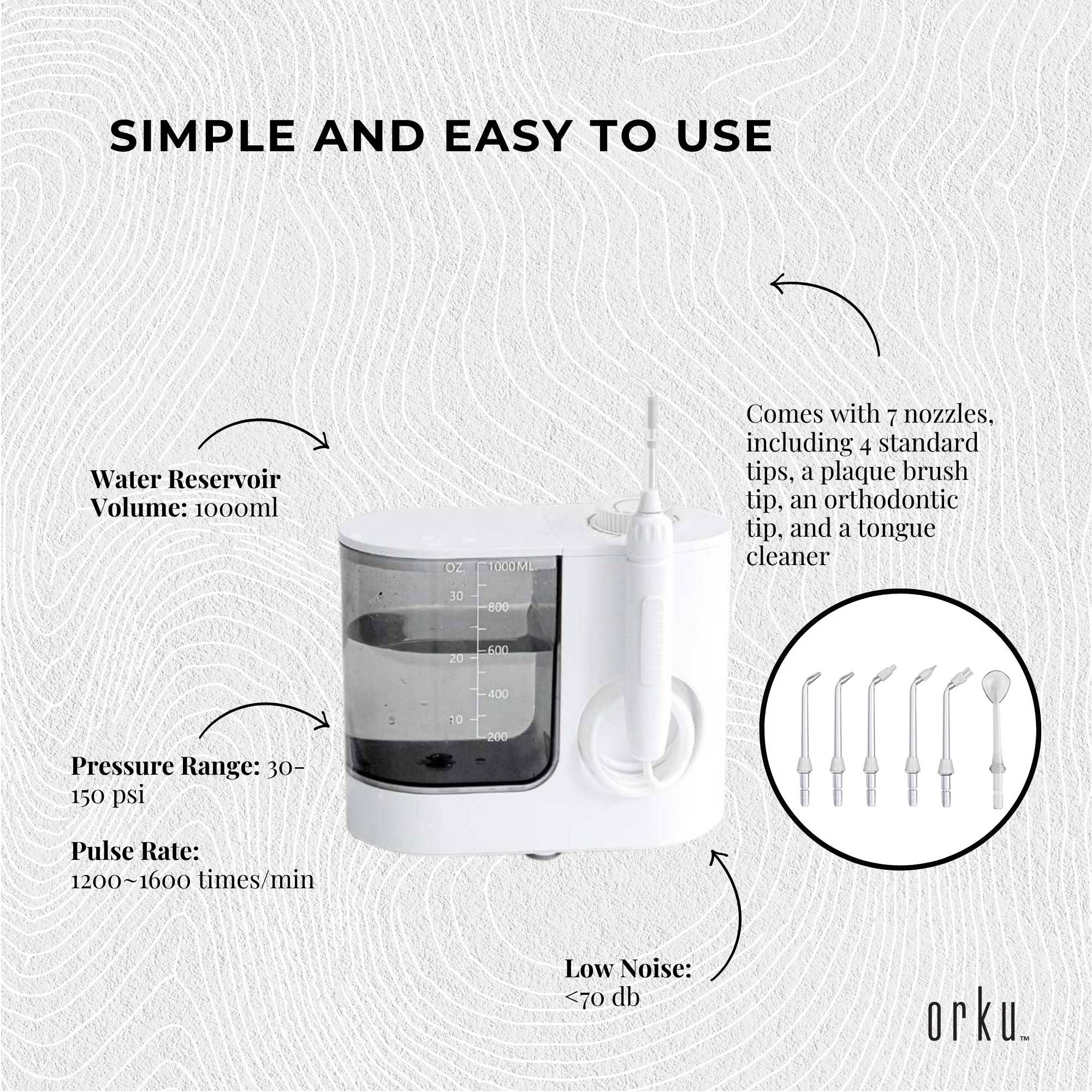 Orku 1000ml Water Flosser Electric Oral Irrigator - Adjustable Pressure White Bedworld