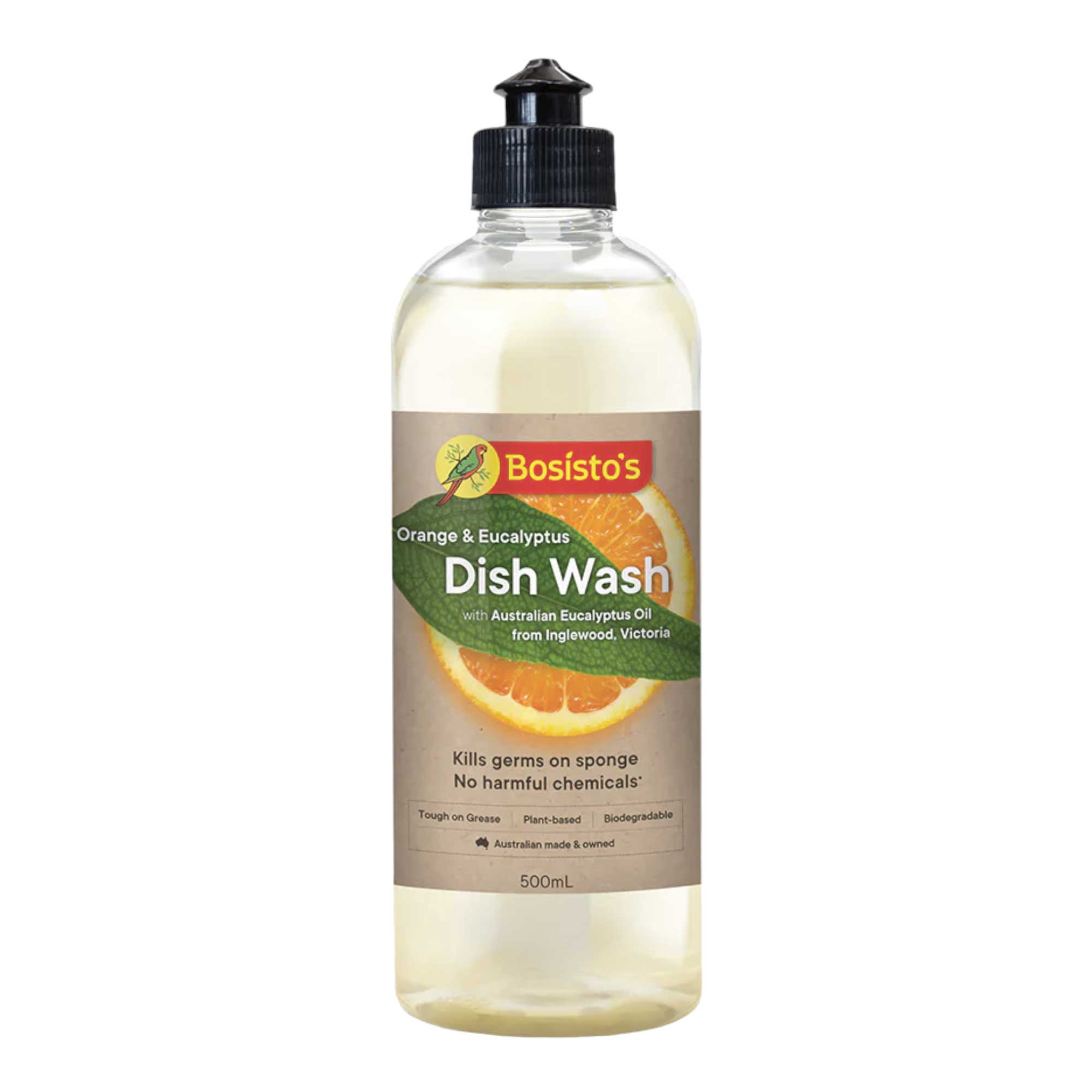 500ml dish wash liquid bottle with orange & eucalyptus, plant-based—Bosisto's