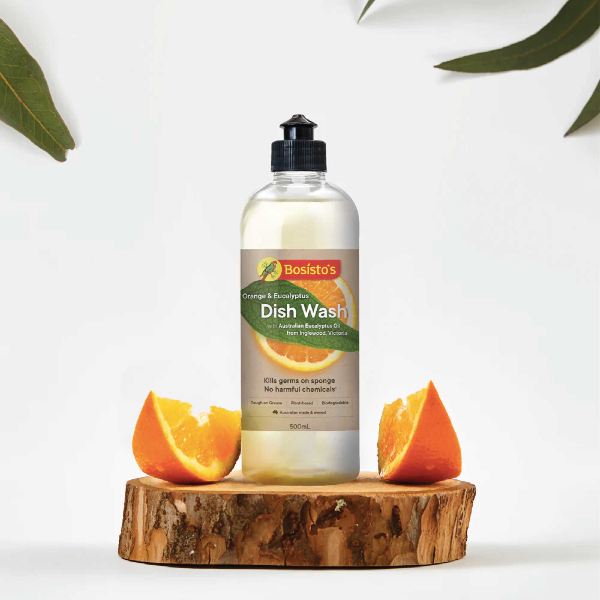 Orange & eucalyptus 500ml dish wash liquid bottle, Bosisto's on wood base
