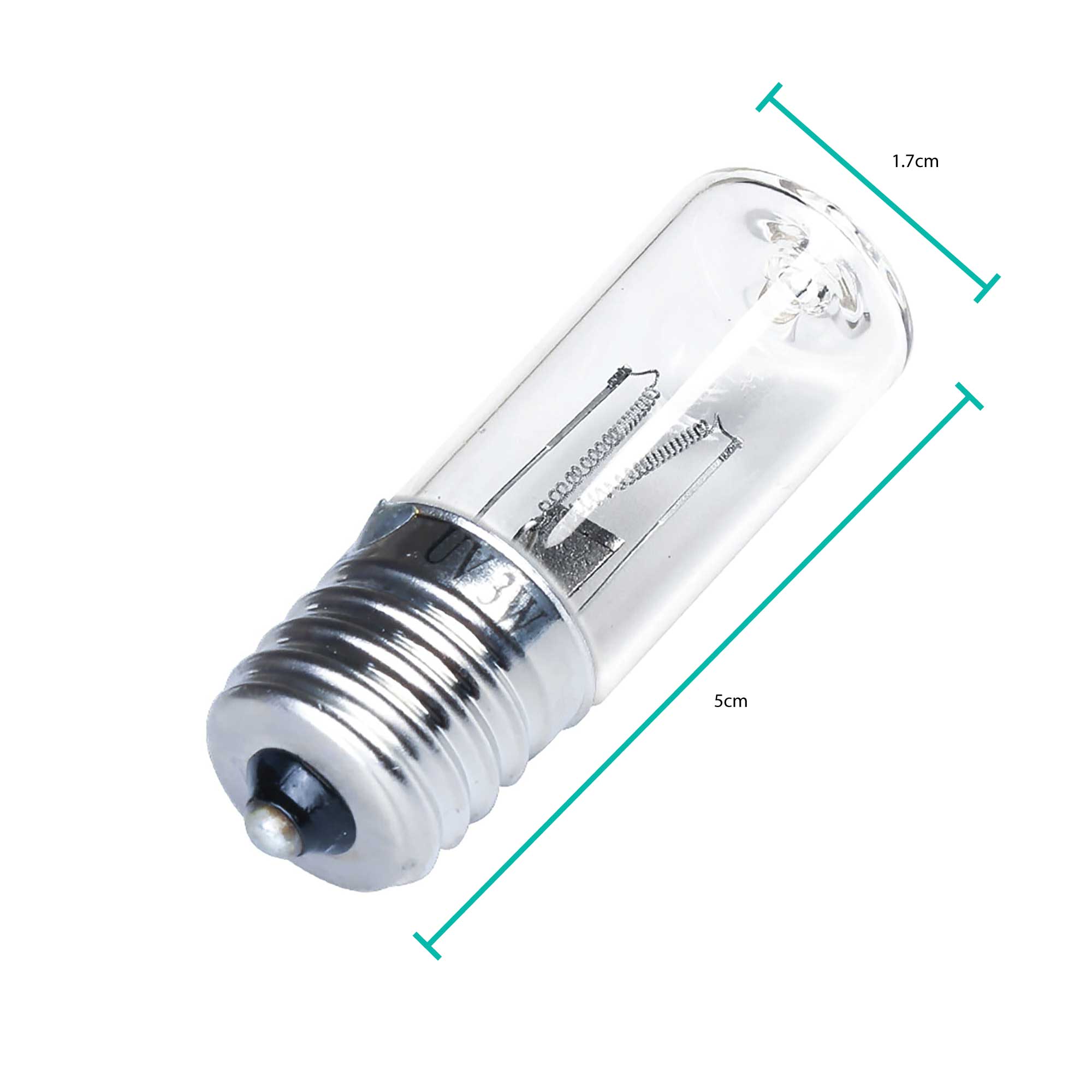 UV sterilizing lamp bulb with clear glass tube, with length and width markers