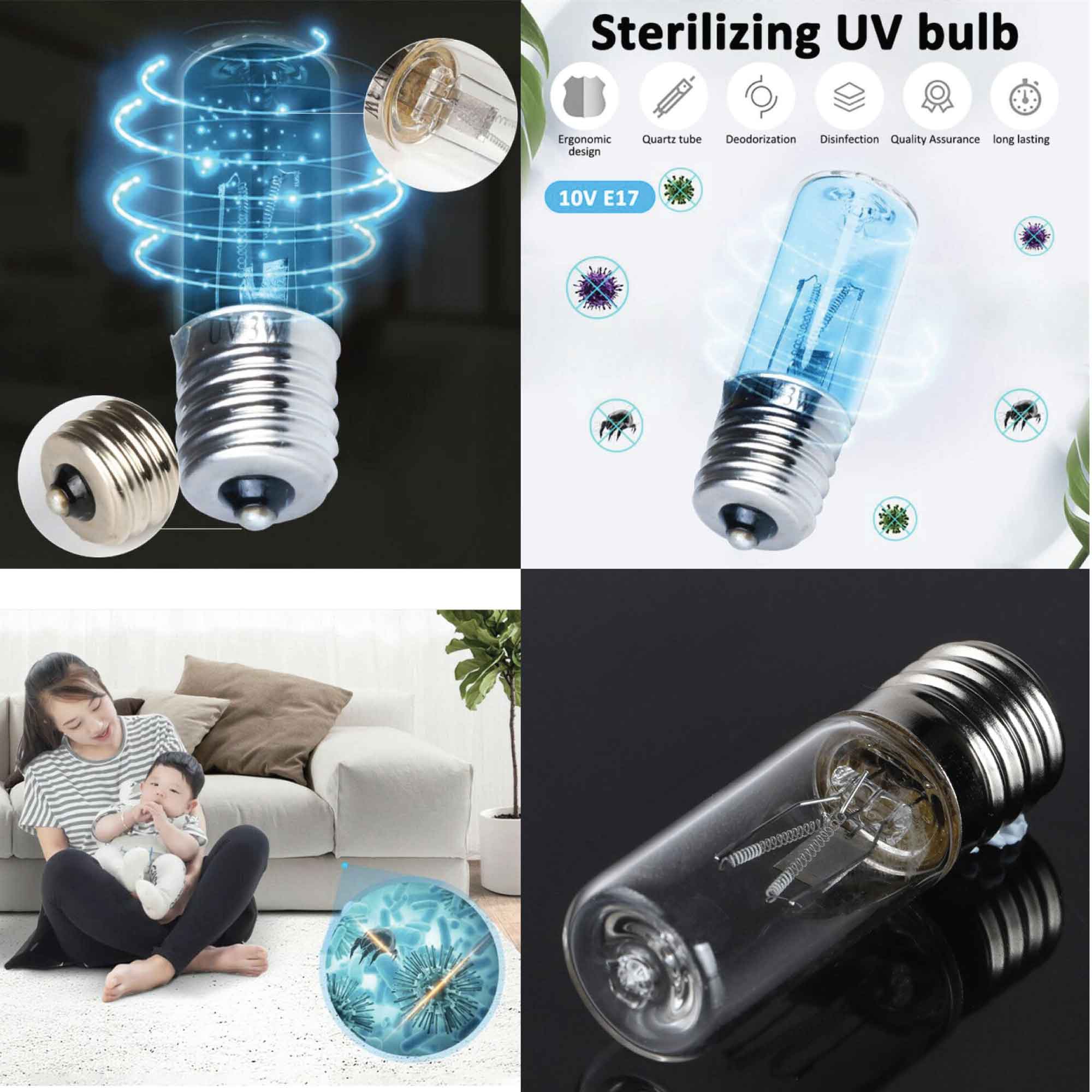 UV sterilizing lamp bulbs with clear and blue glass tubes