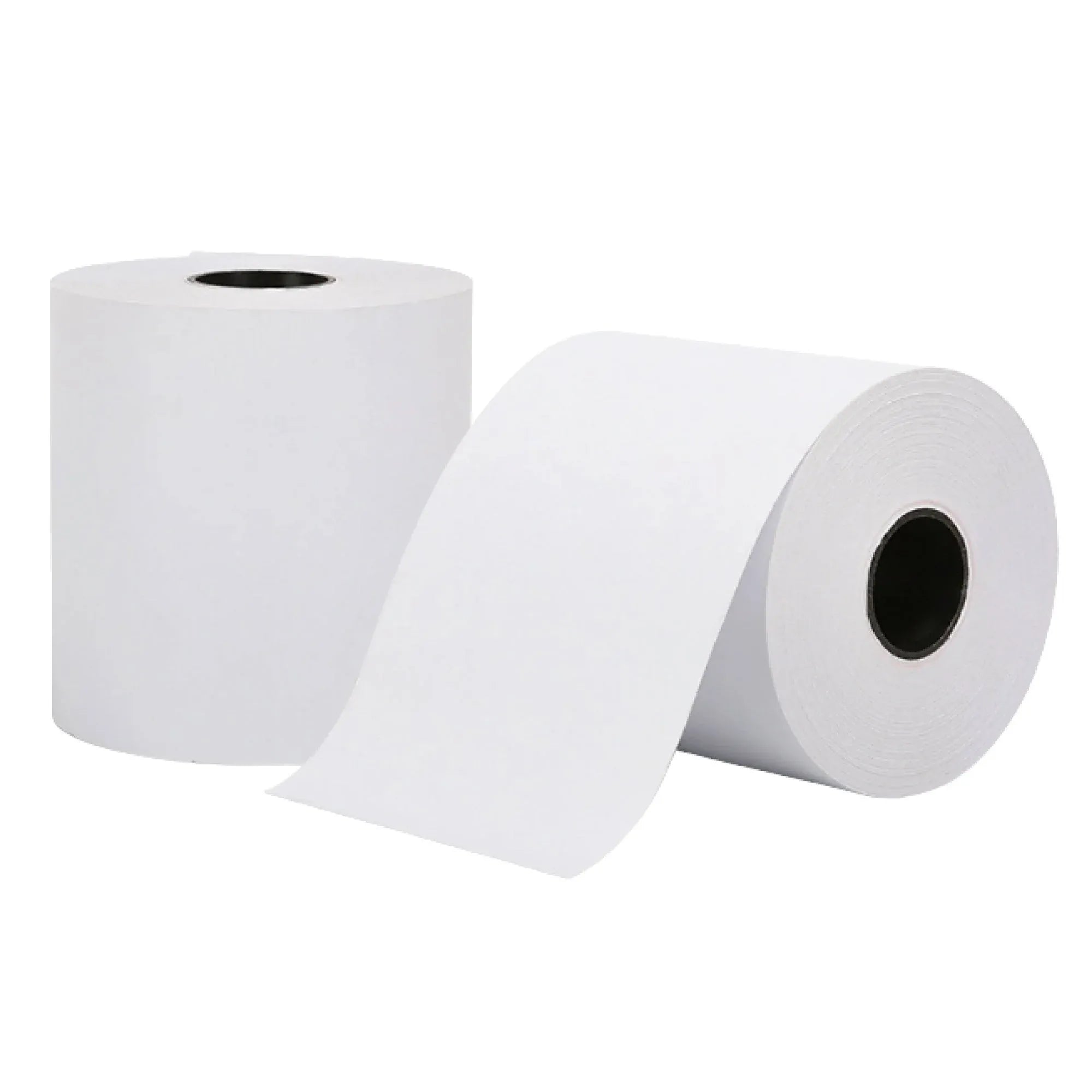 Thermal receipt paper roll and unfolded receipt strip, white with black core opening