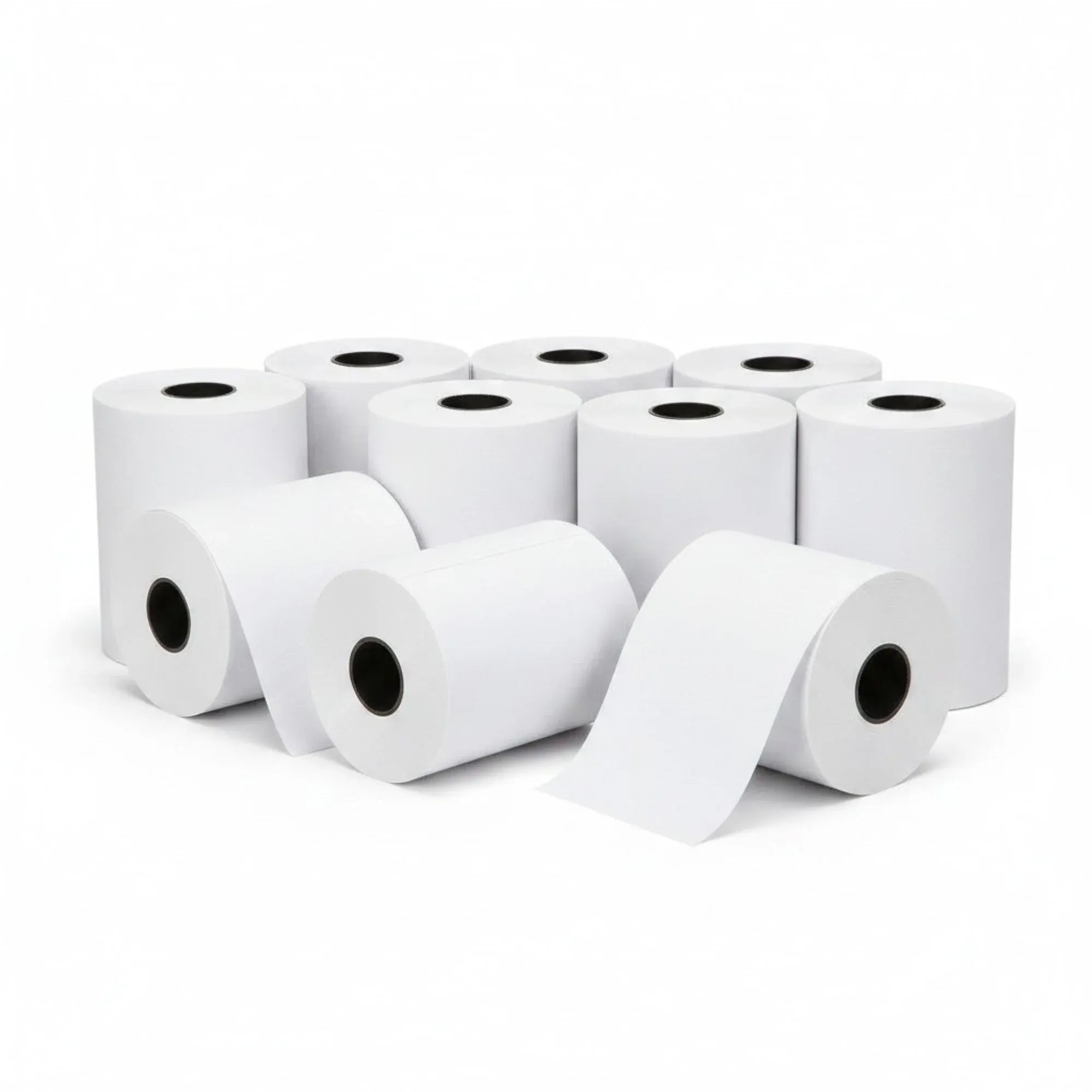 Thermal paper rolls, white, 10-pack of receipt rolls with core holes visible