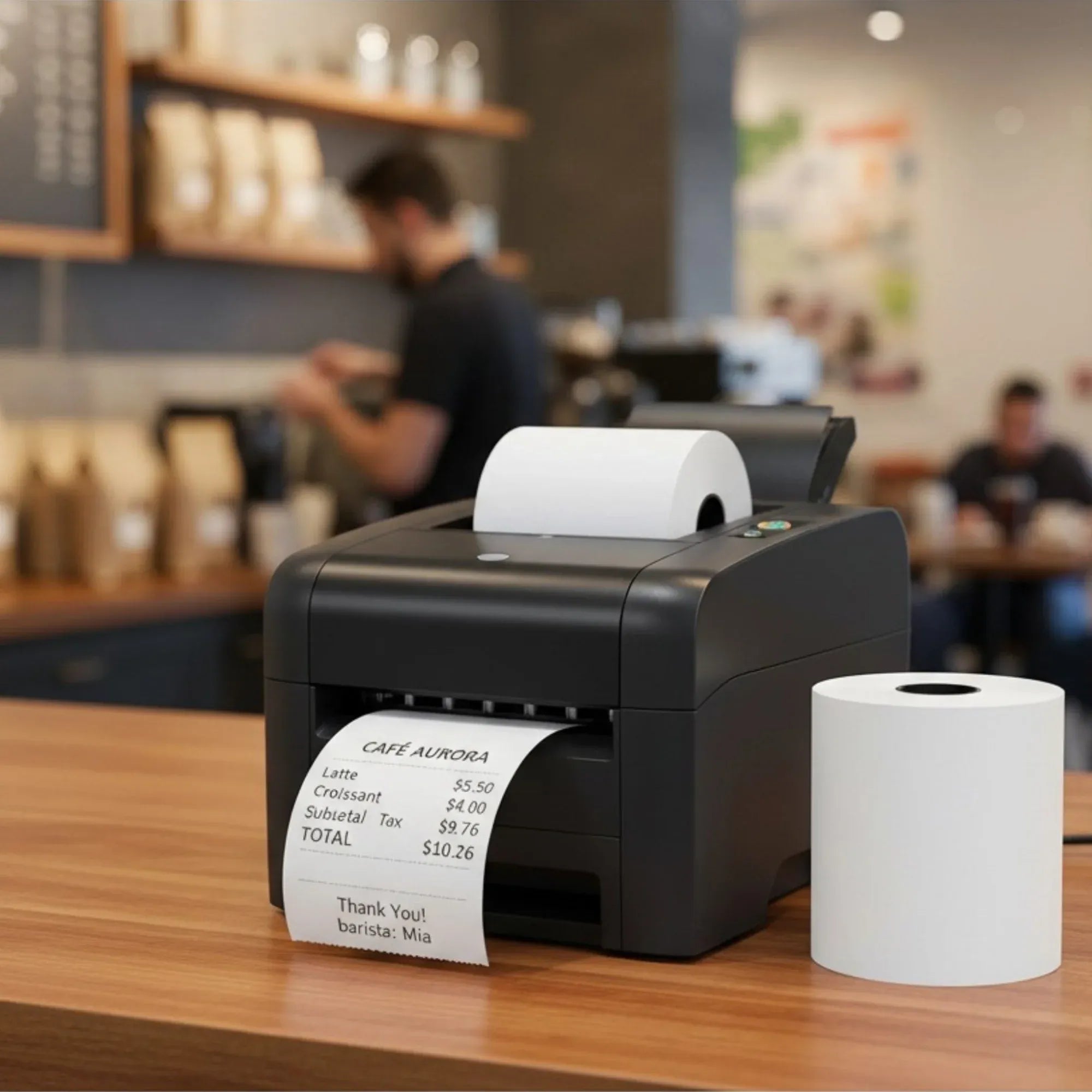 Thermal receipt paper rolls, white, beside a POS receipt printer.