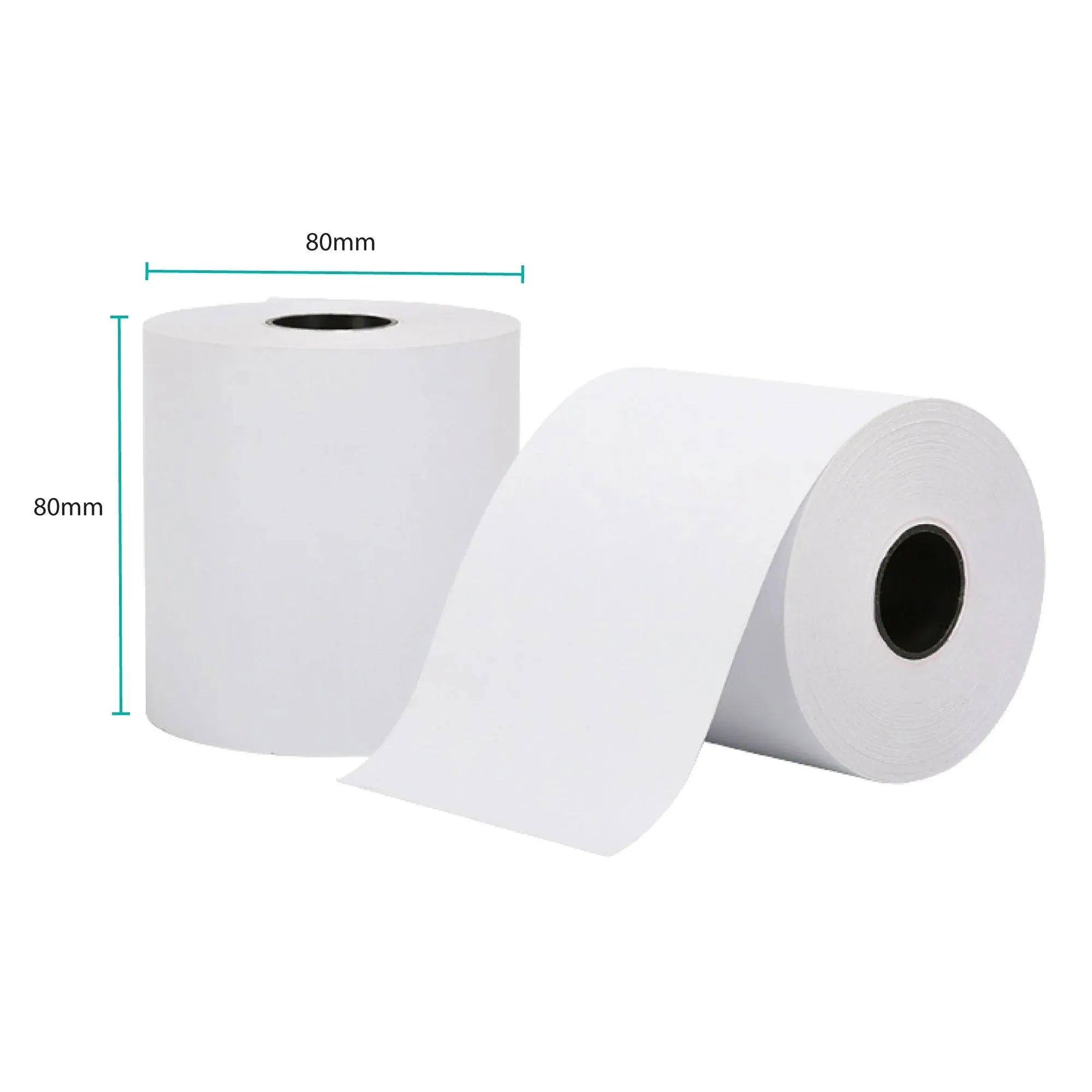 Thermal receipt paper roll, white, with 80mm x 80mm size diagram.