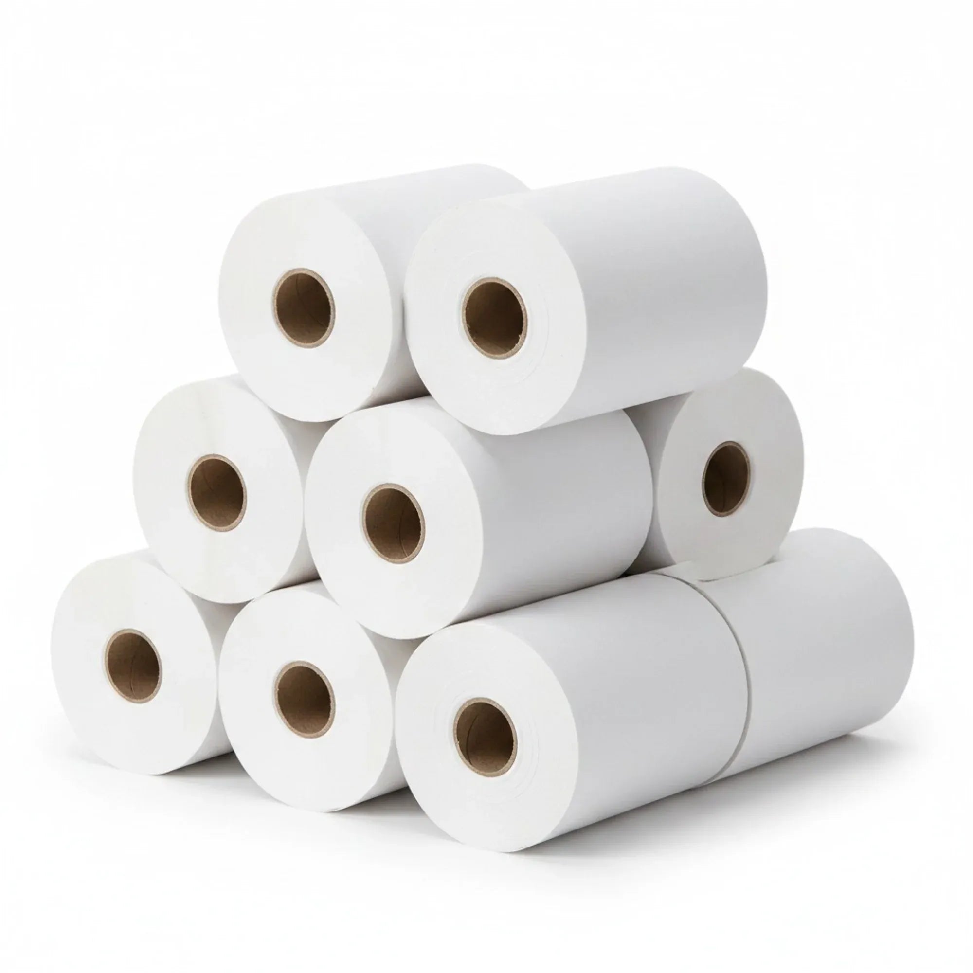 Thermal receipt paper rolls, white, stacked with visible cardboard cores