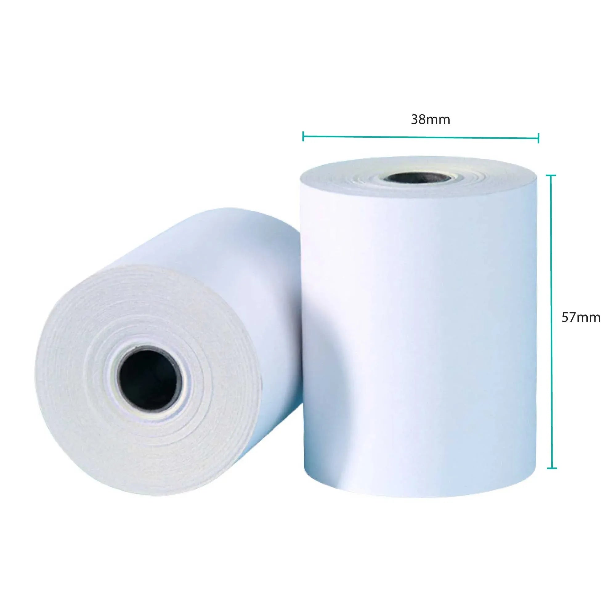 Thermal receipt paper roll set, 38 mm by 57 mm, light blue with core