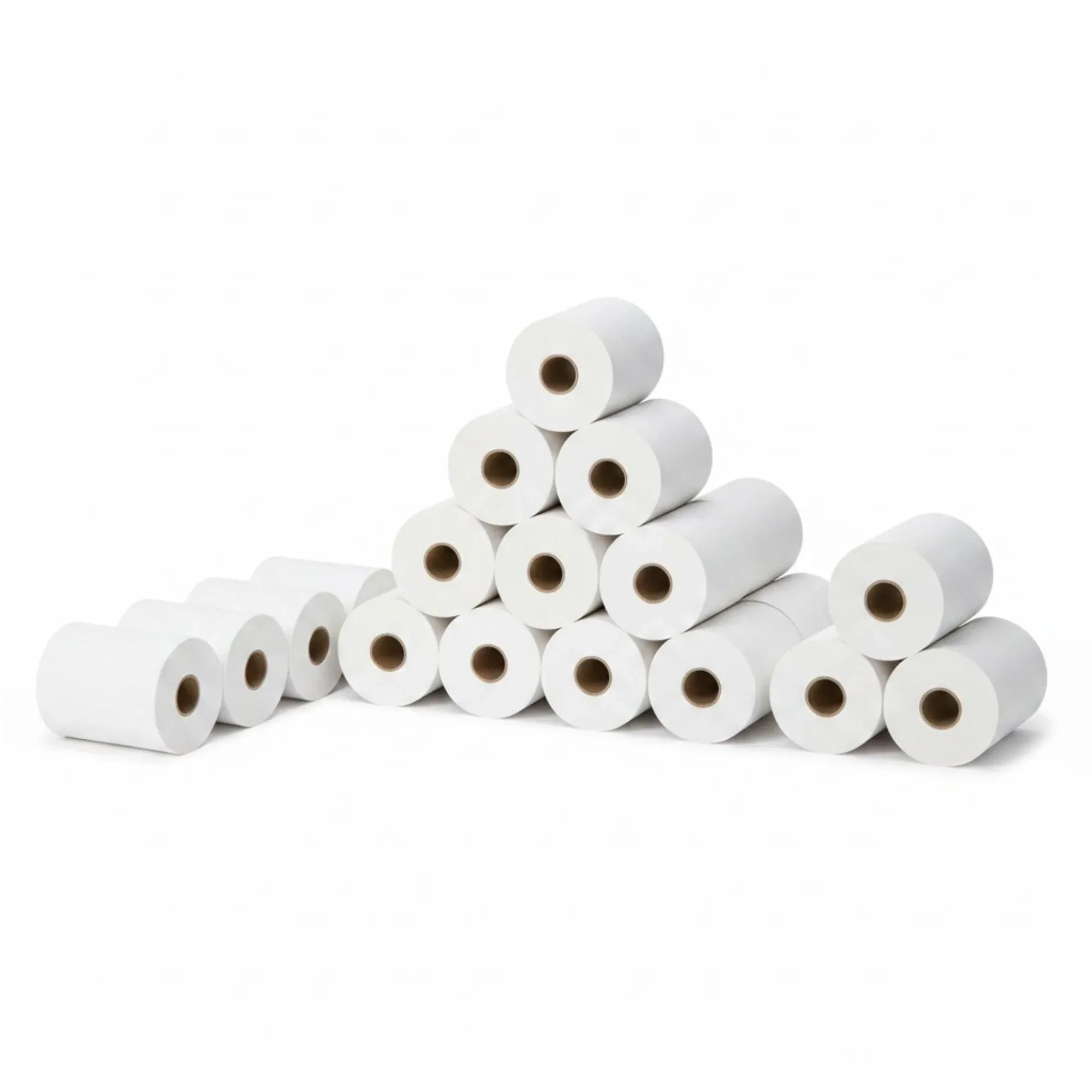 Thermal paper rolls, white, stacked with visible cores
