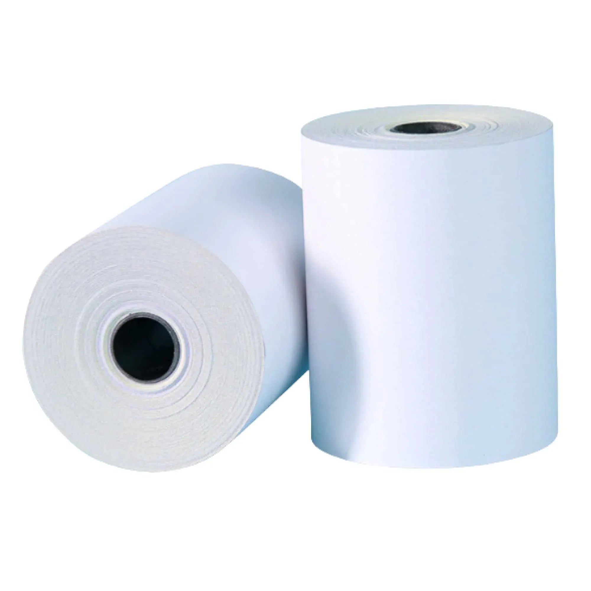 Thermal receipt paper rolls, light blue-white paper on two rolls with cores