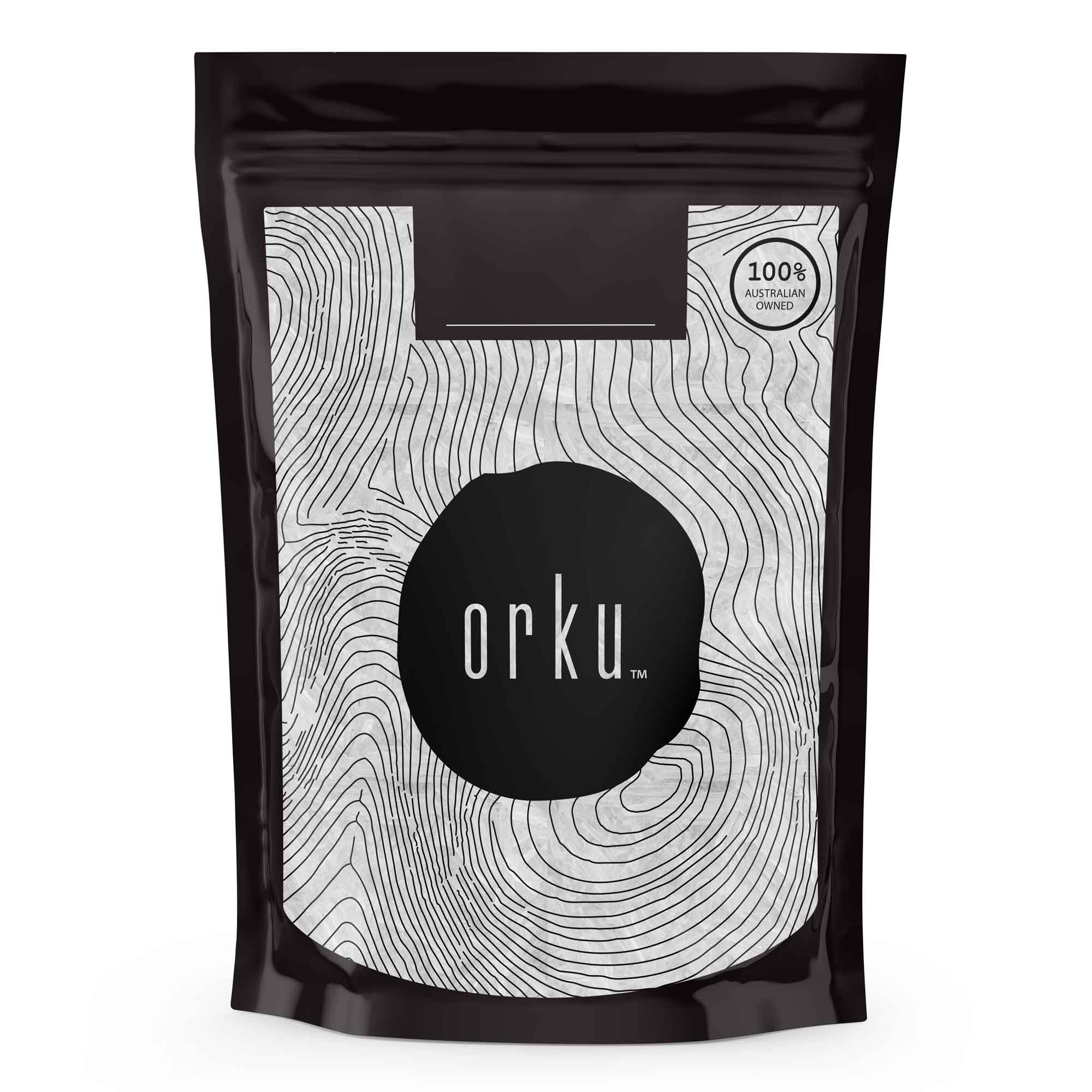 Orku menthol crystals pouch, black bag with white swirl pattern and Orku logo.