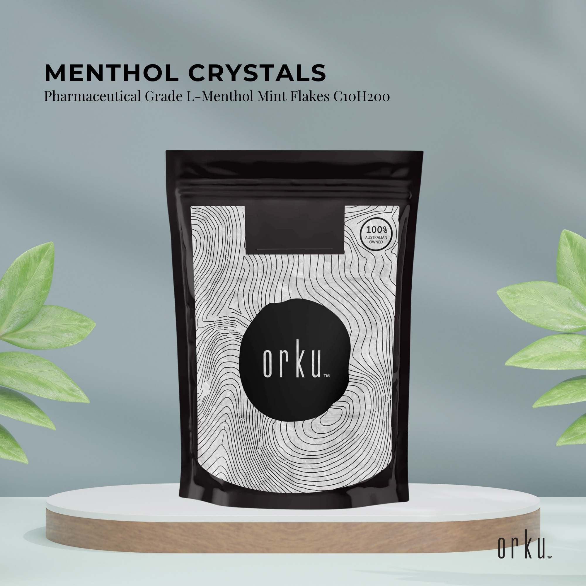 Orku menthol crystals pouch, black bag with Orku logo and 100% chlorine-free seal.