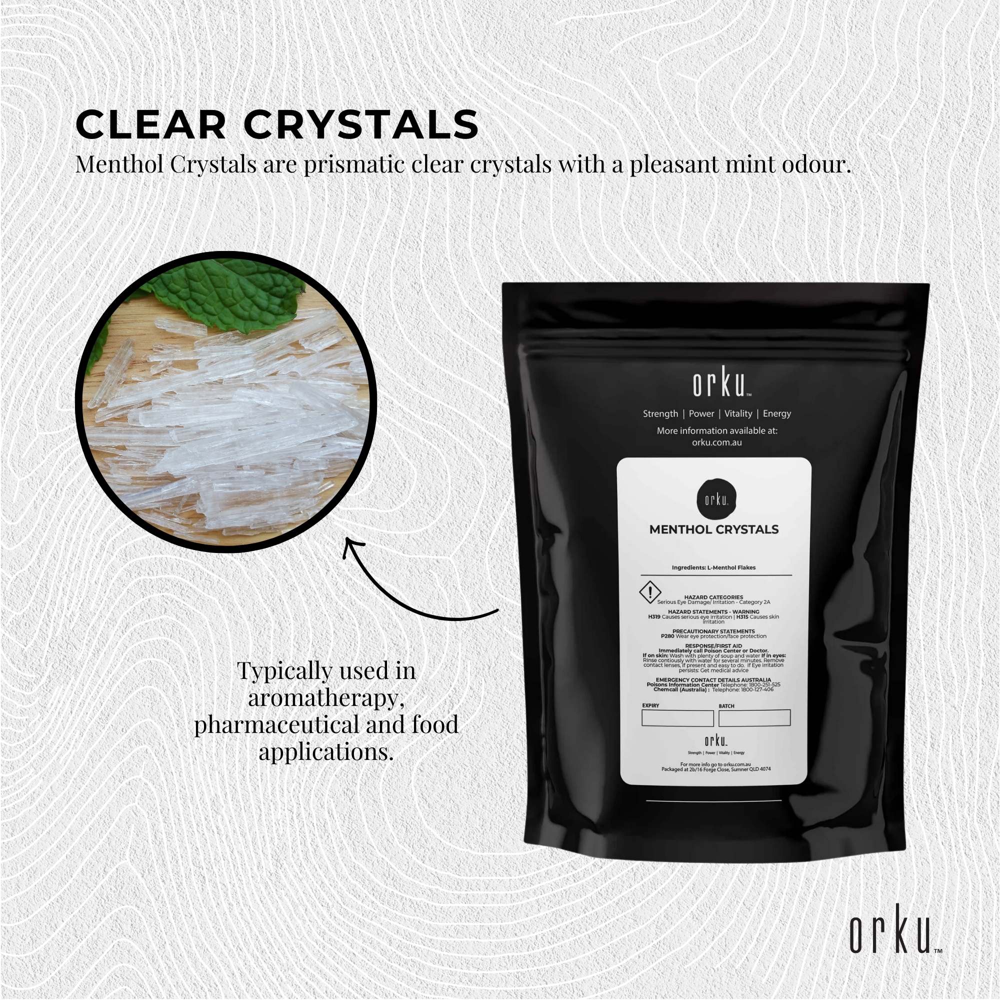 Orku menthol crystals pouch, black-and-white swirl design with front label and Orku logo.