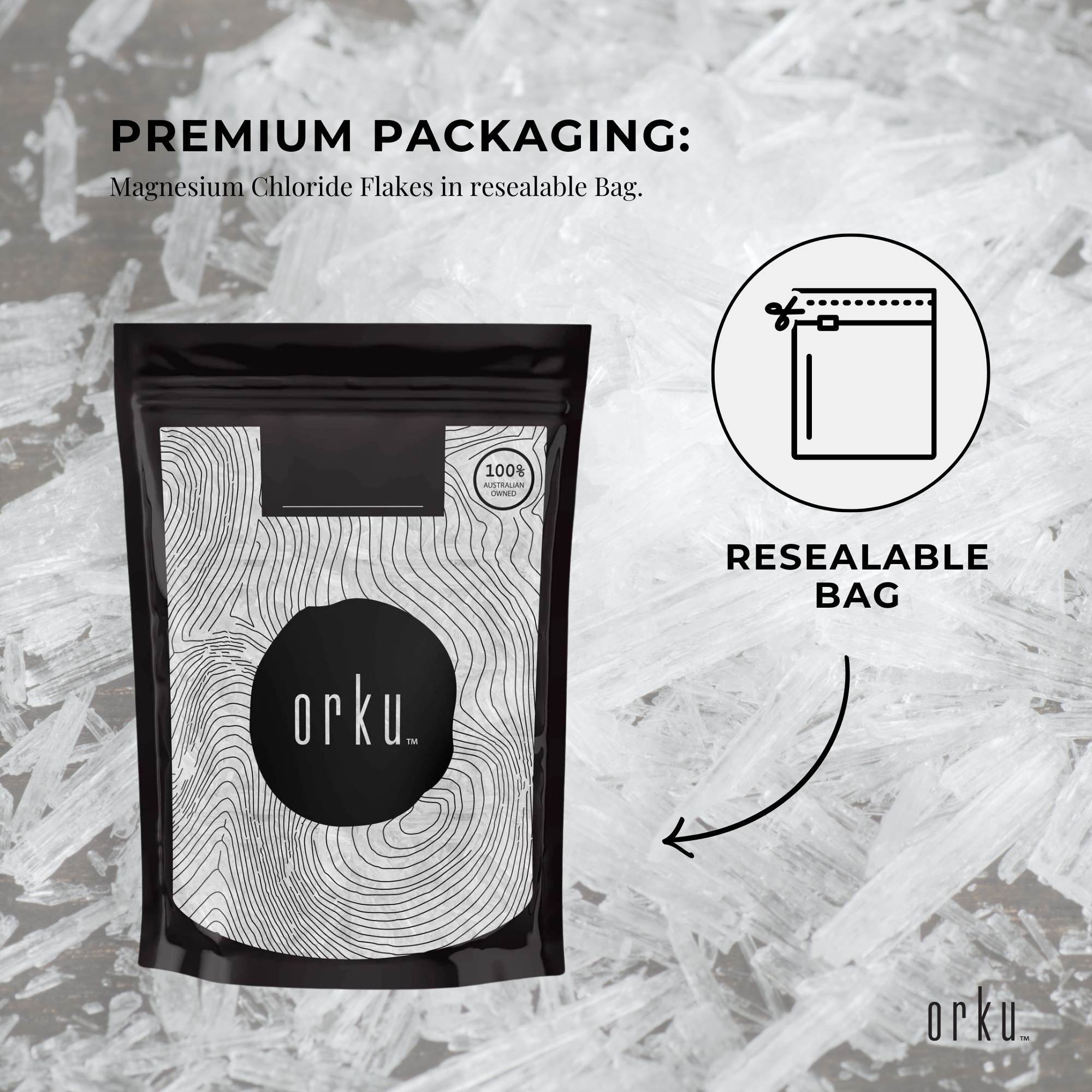 Orku menthol crystals pouch with reclosable bag icon, black front and Orku logo.