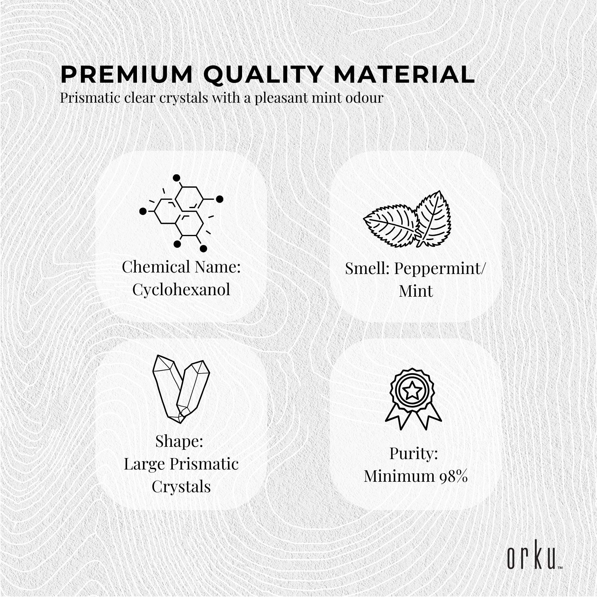 Menthol crystals product information panel with chemical name and purity icons, Orku logo.