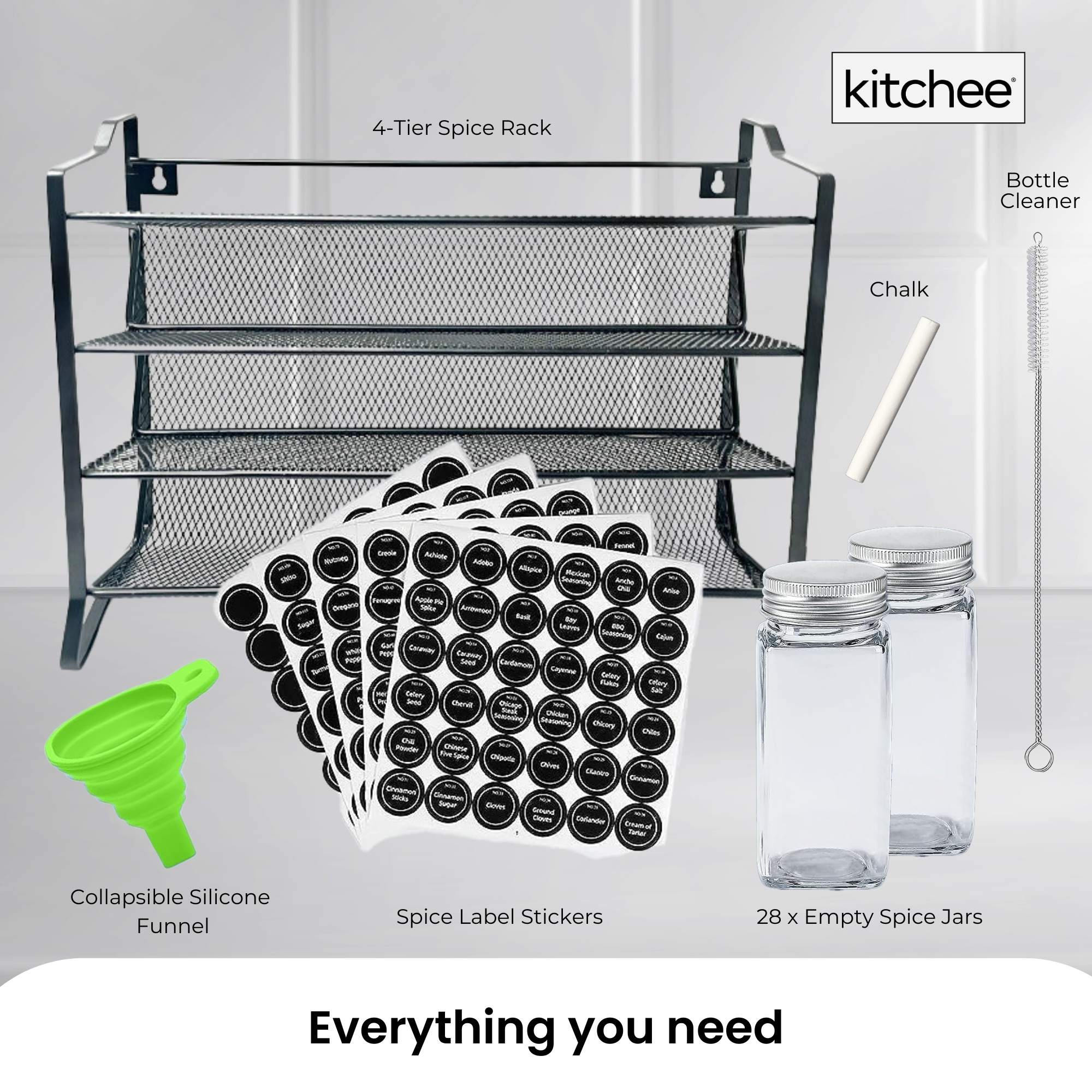 4 Tier Metal Spice Rack + 28 Glass Jars - Kitchen Pantry Herb Storage Organiser