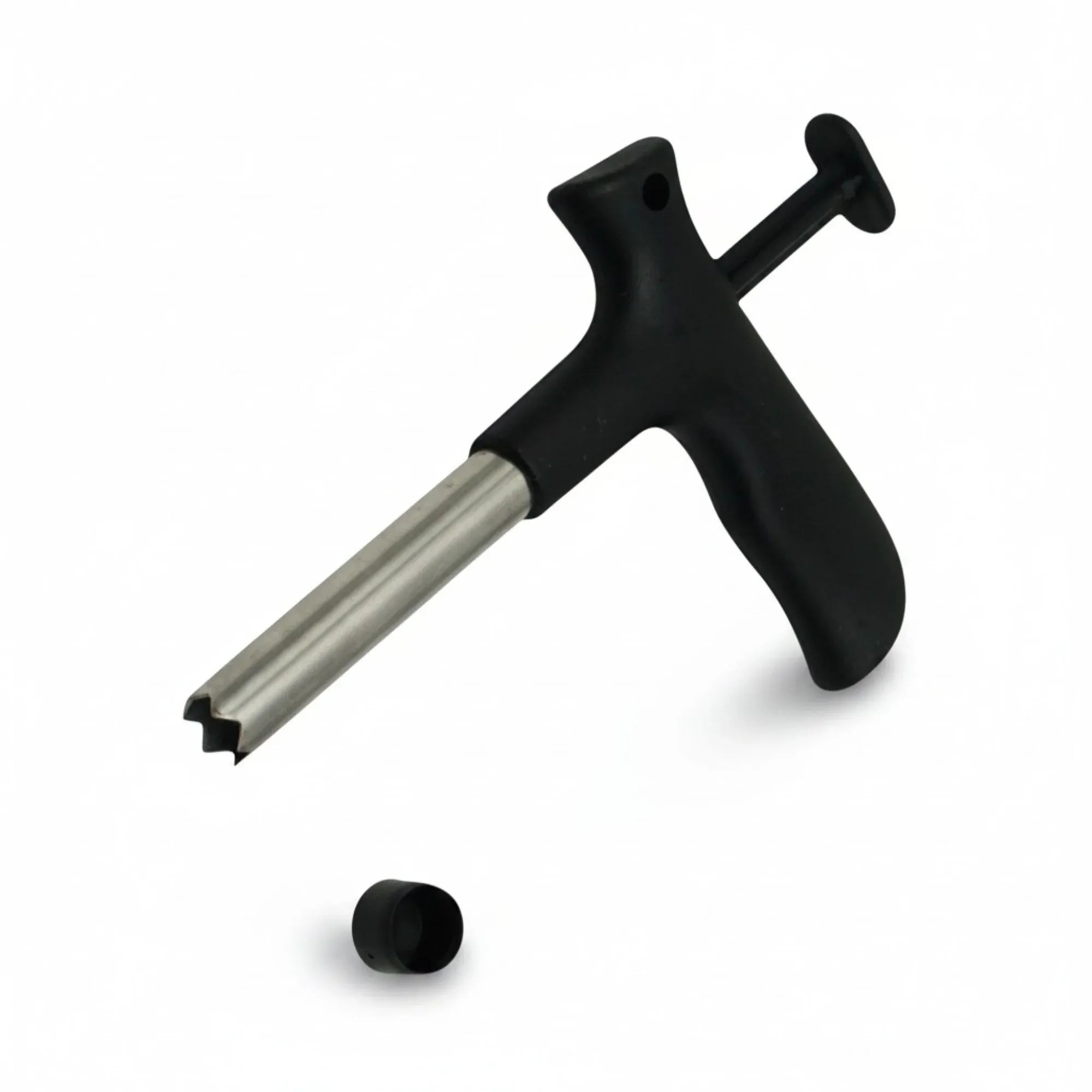 Stainless steel coconut hole punch with black ergonomic handle and spike tip