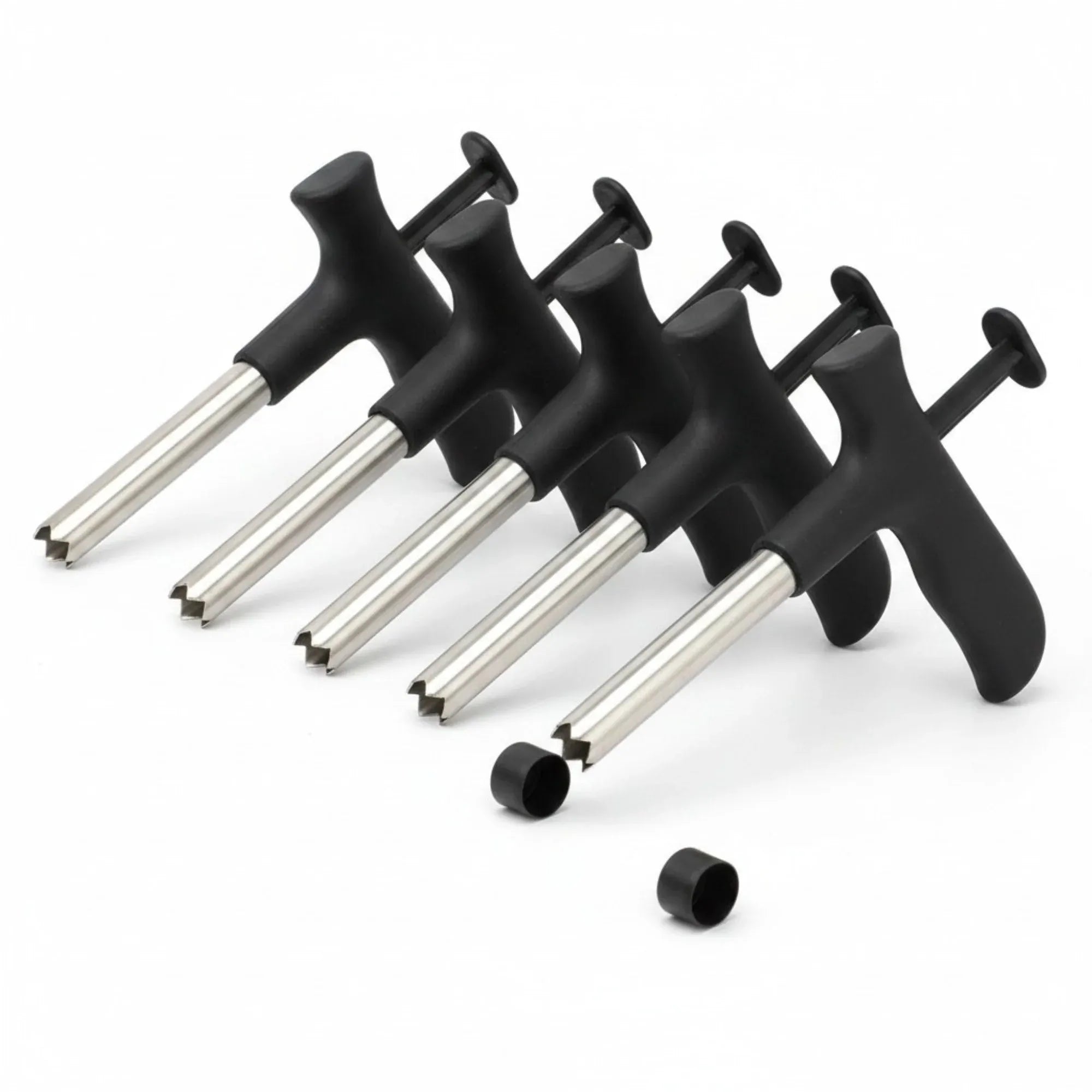 Set of 5 coconut openers with black plastic handles and stainless steel hole-punch rods