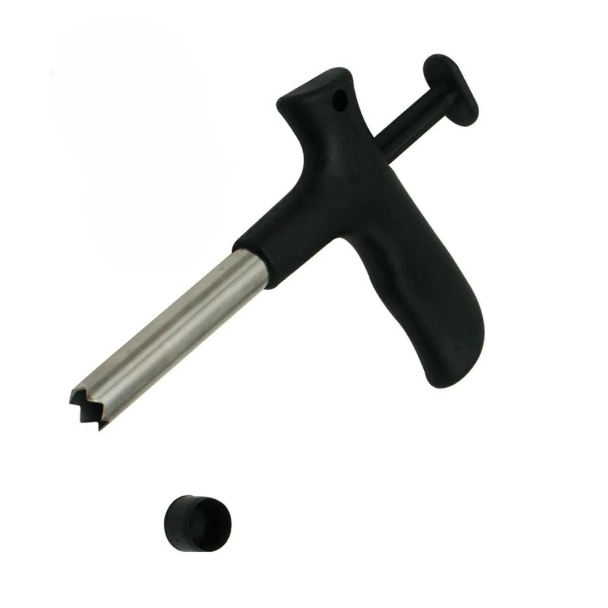 Coconut opener with black handle and stainless steel hole-punch rod, plus end cap