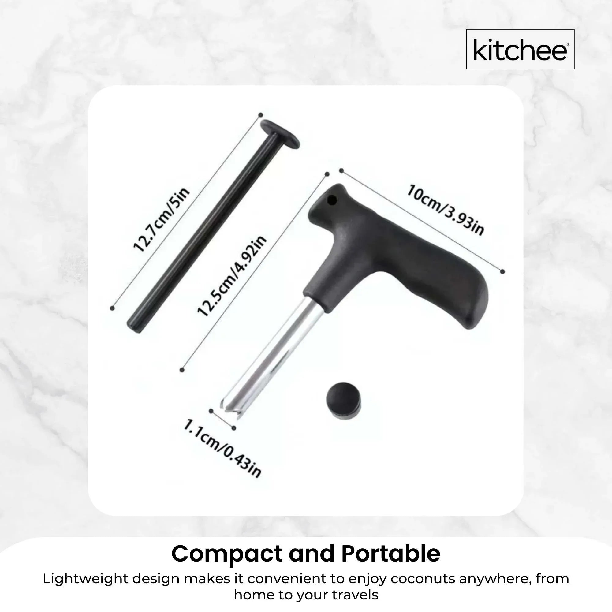 Black-handled coconut opener with stainless steel punch rod shown with size inset